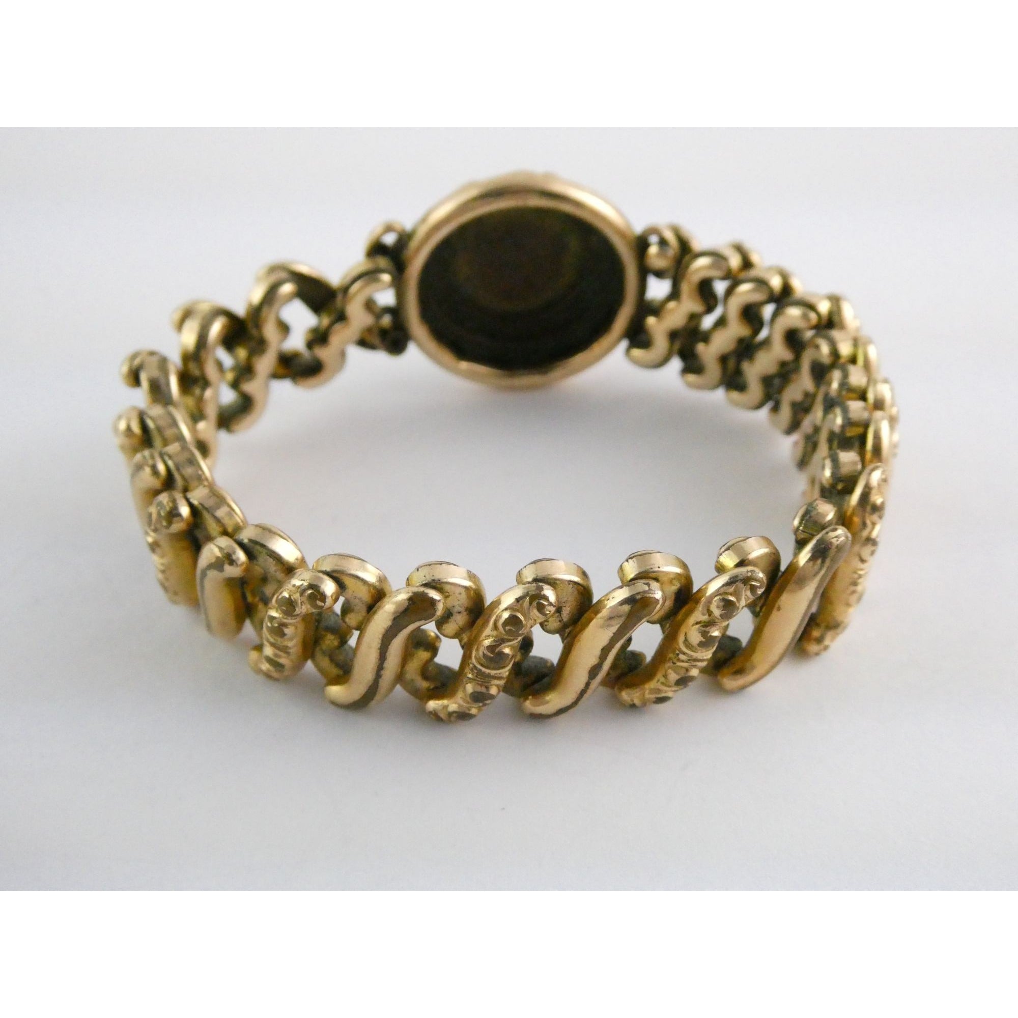 Antique Gold Filled Metal Expansion Bracelet Blank Monogram Focal Center 26.5g