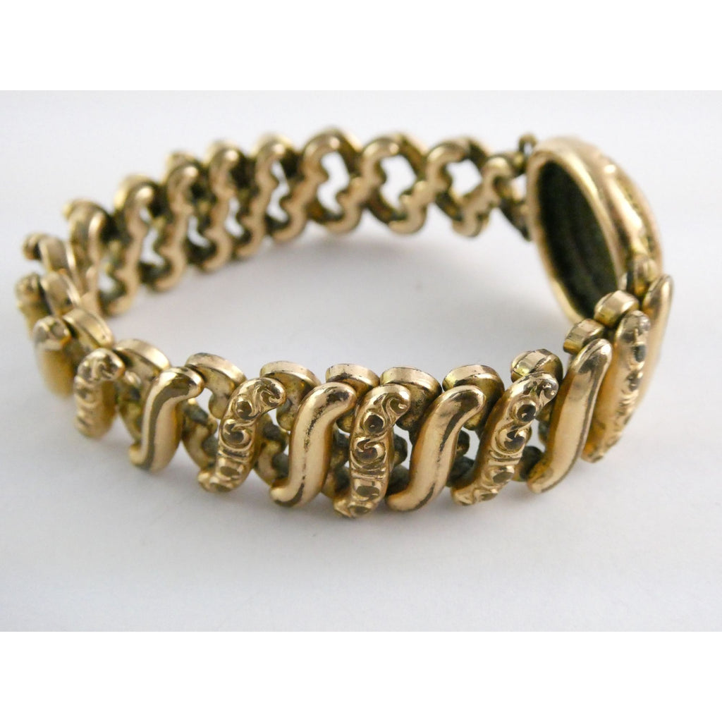 Antique Gold Filled Metal Expansion Bracelet Blank Monogram Focal Center 26.5g