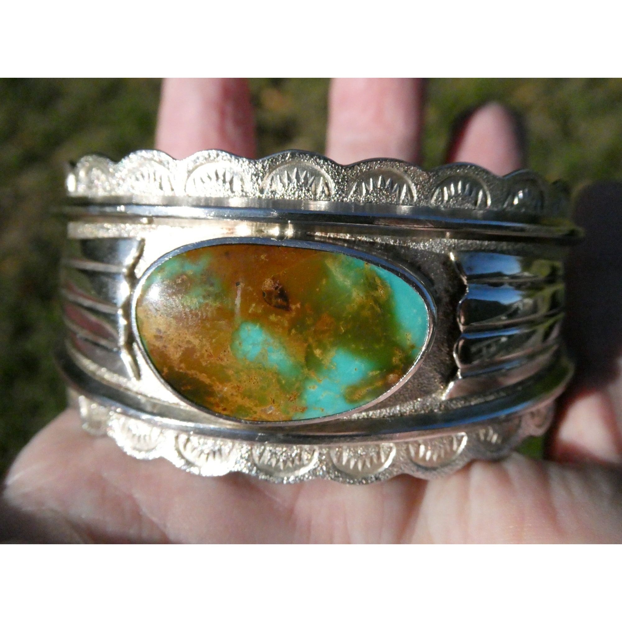 Southwestern Blu Signed Sterling Silver Turquoise Cuff Bracelet 65.5g 6.75 Inch