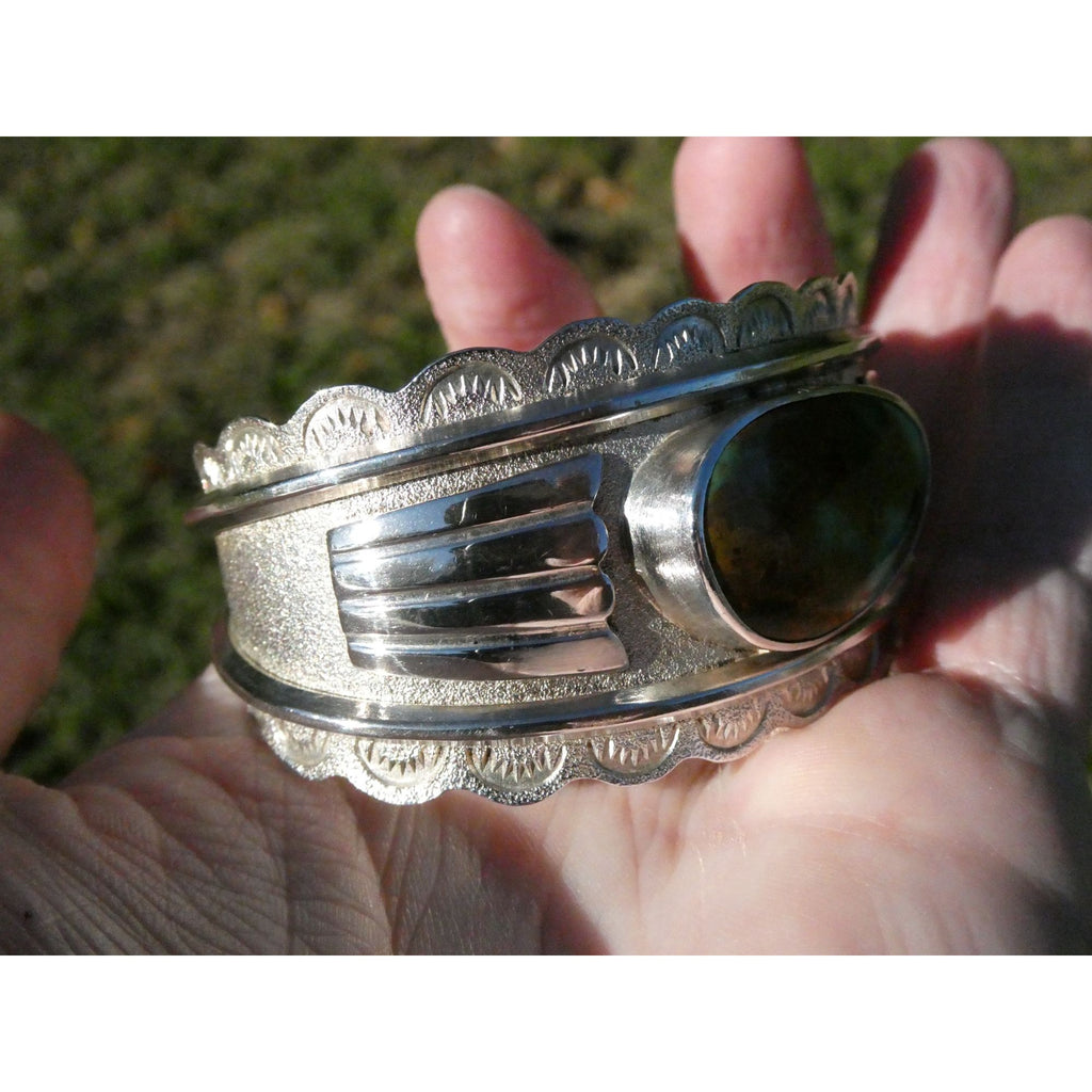 Southwestern Blu Signed Sterling Silver Turquoise Cuff Bracelet 65.5g 6.75 Inch
