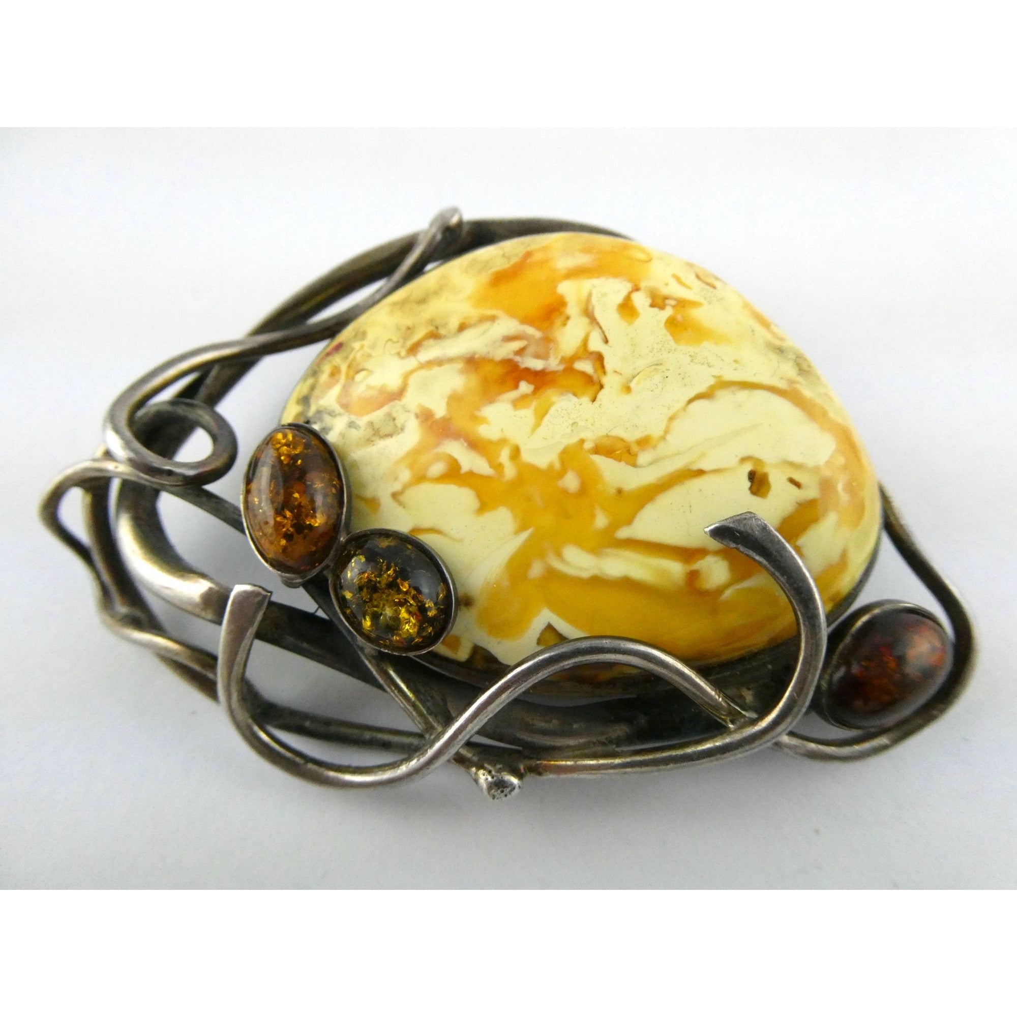Vintage Polish Sterling Silver Butterscotch Egg Yolk Amber Brooch 42.2g 3 Inches