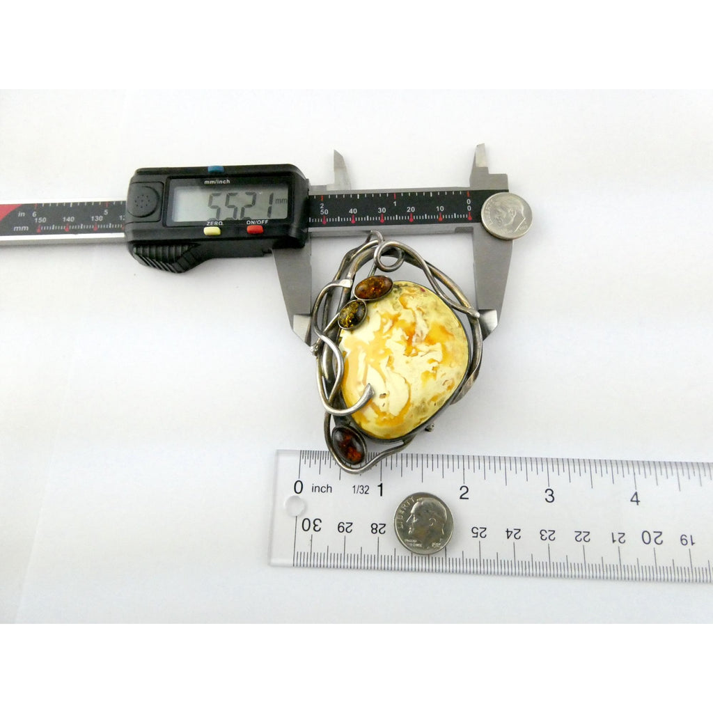 Vintage Polish Sterling Silver Butterscotch Egg Yolk Amber Brooch 42.2g 3 Inches