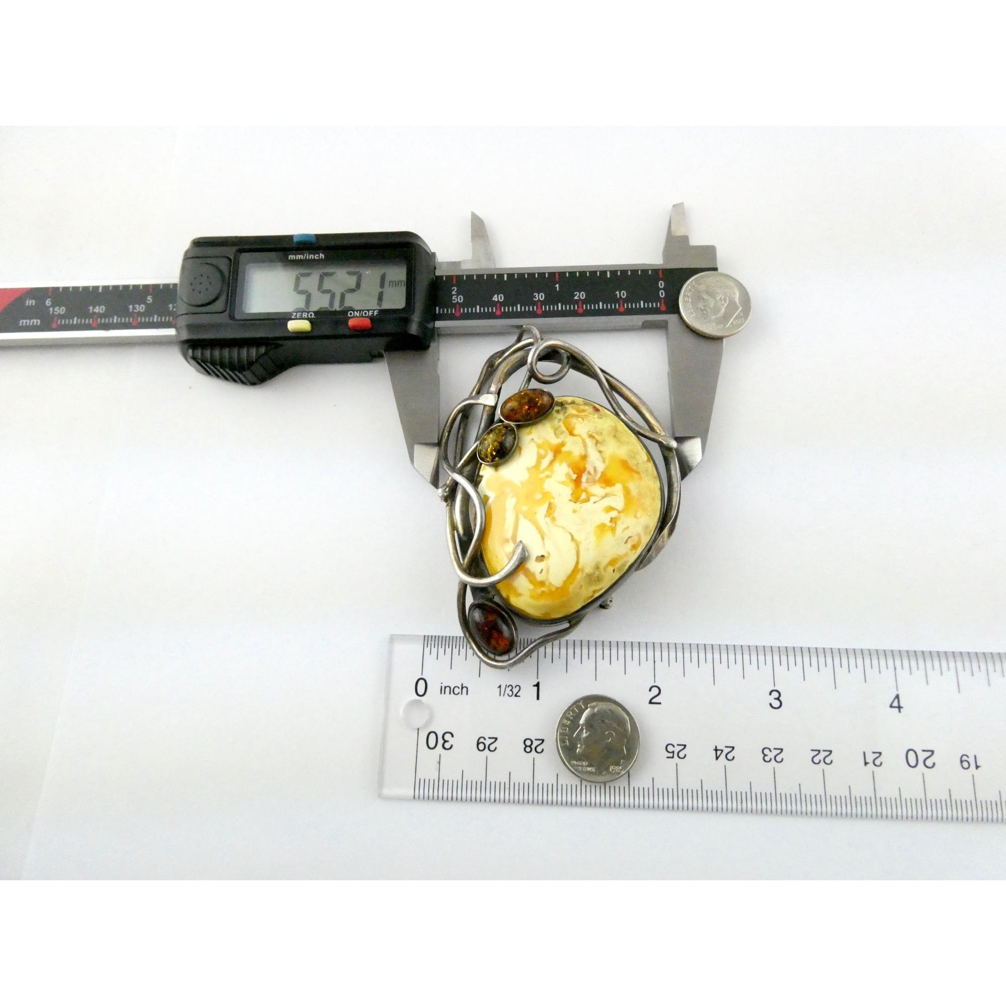 Vintage Polish Sterling Silver Butterscotch Egg Yolk Amber Brooch 42.2g 3 Inches