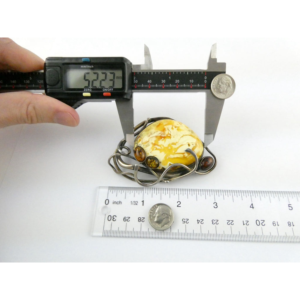 Vintage Polish Sterling Silver Butterscotch Egg Yolk Amber Brooch 42.2g 3 Inches
