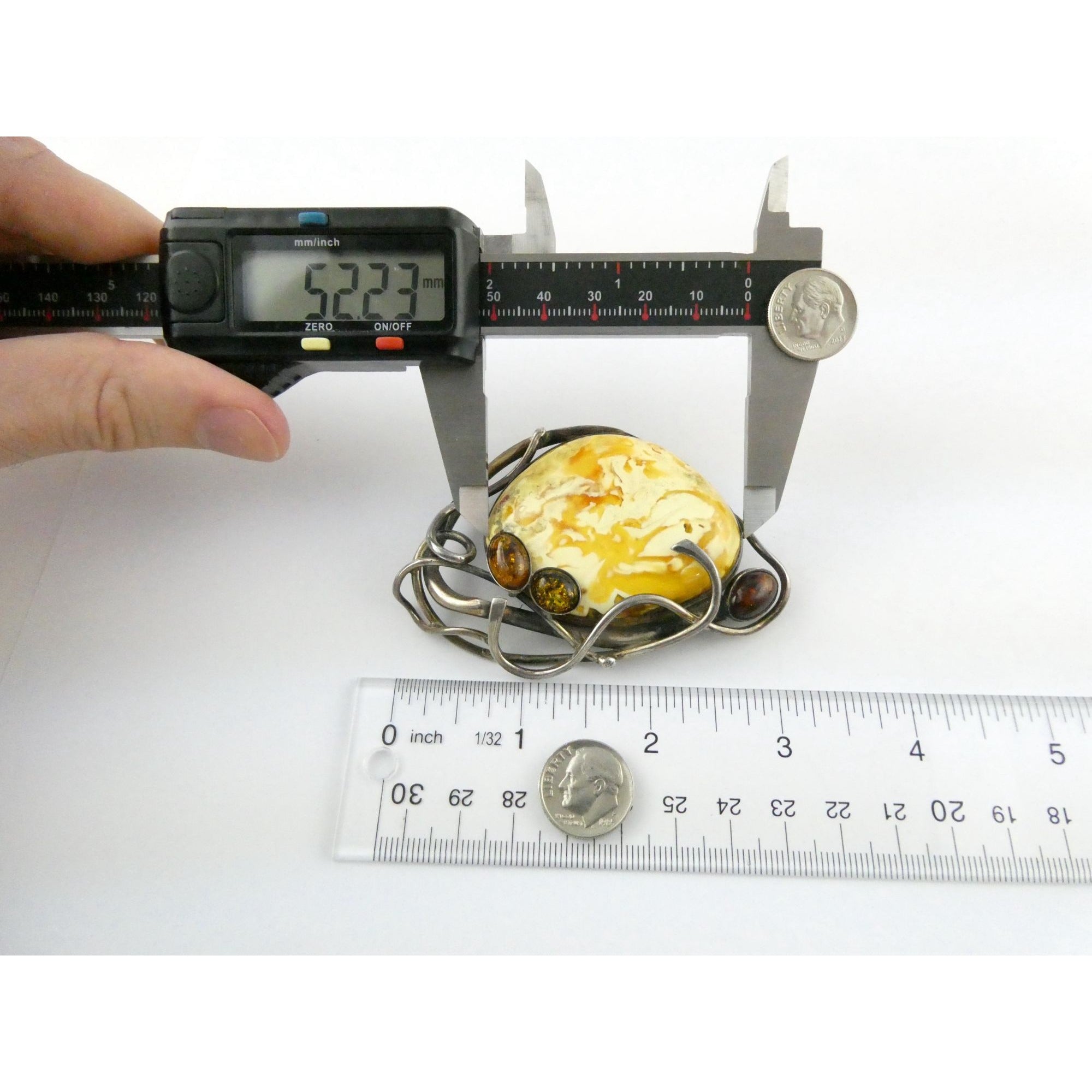 Vintage Polish Sterling Silver Butterscotch Egg Yolk Amber Brooch 42.2g 3 Inches