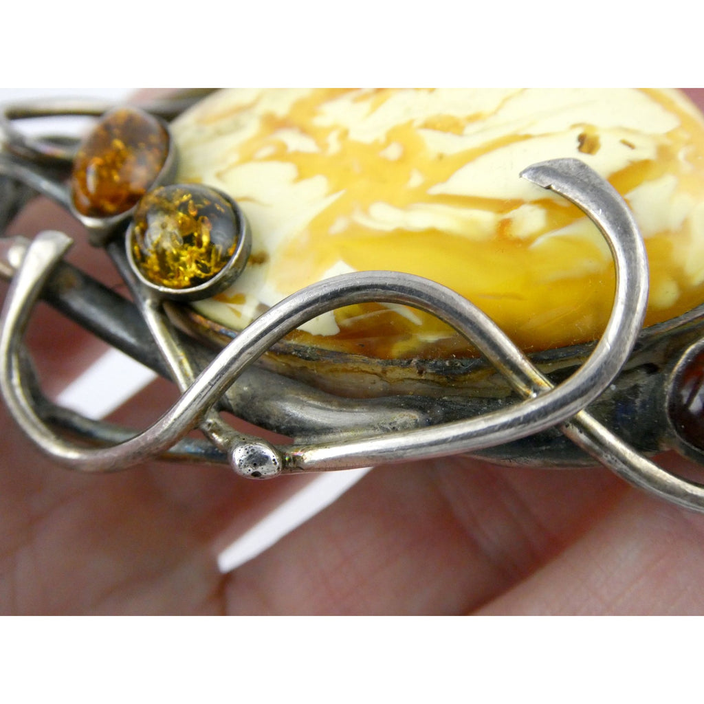 Vintage Polish Sterling Silver Butterscotch Egg Yolk Amber Brooch 42.2g 3 Inches