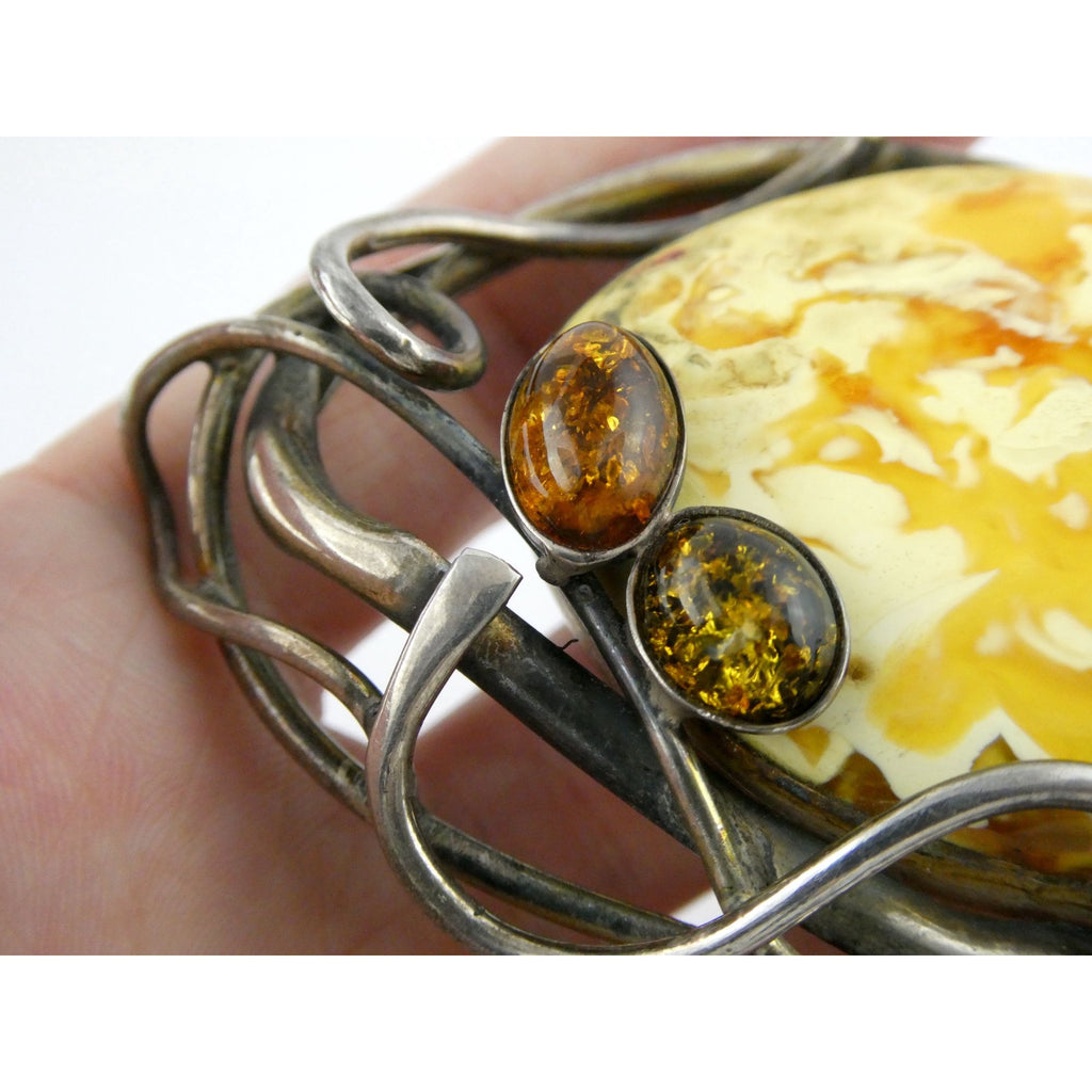 Vintage Polish Sterling Silver Butterscotch Egg Yolk Amber Brooch 42.2g 3 Inches