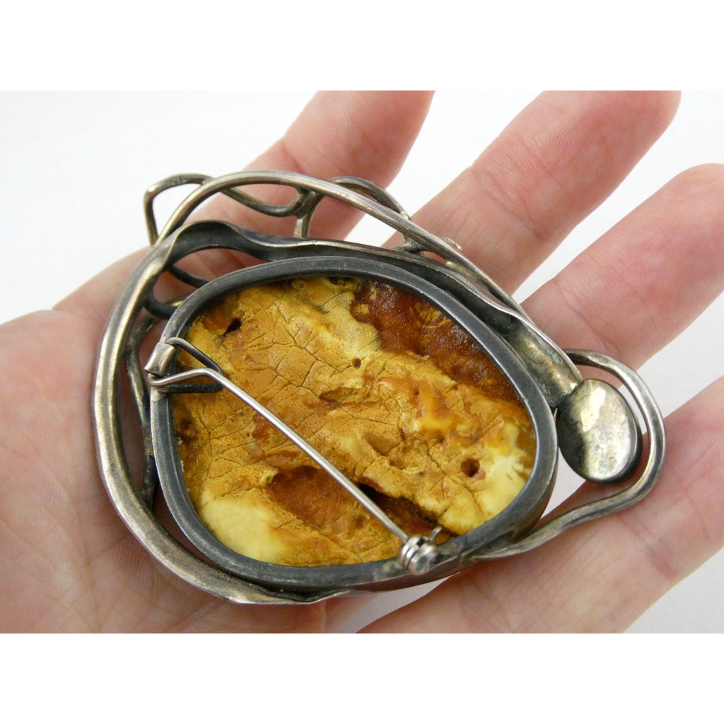 Vintage Polish Sterling Silver Butterscotch Egg Yolk Amber Brooch 42.2g 3 Inches