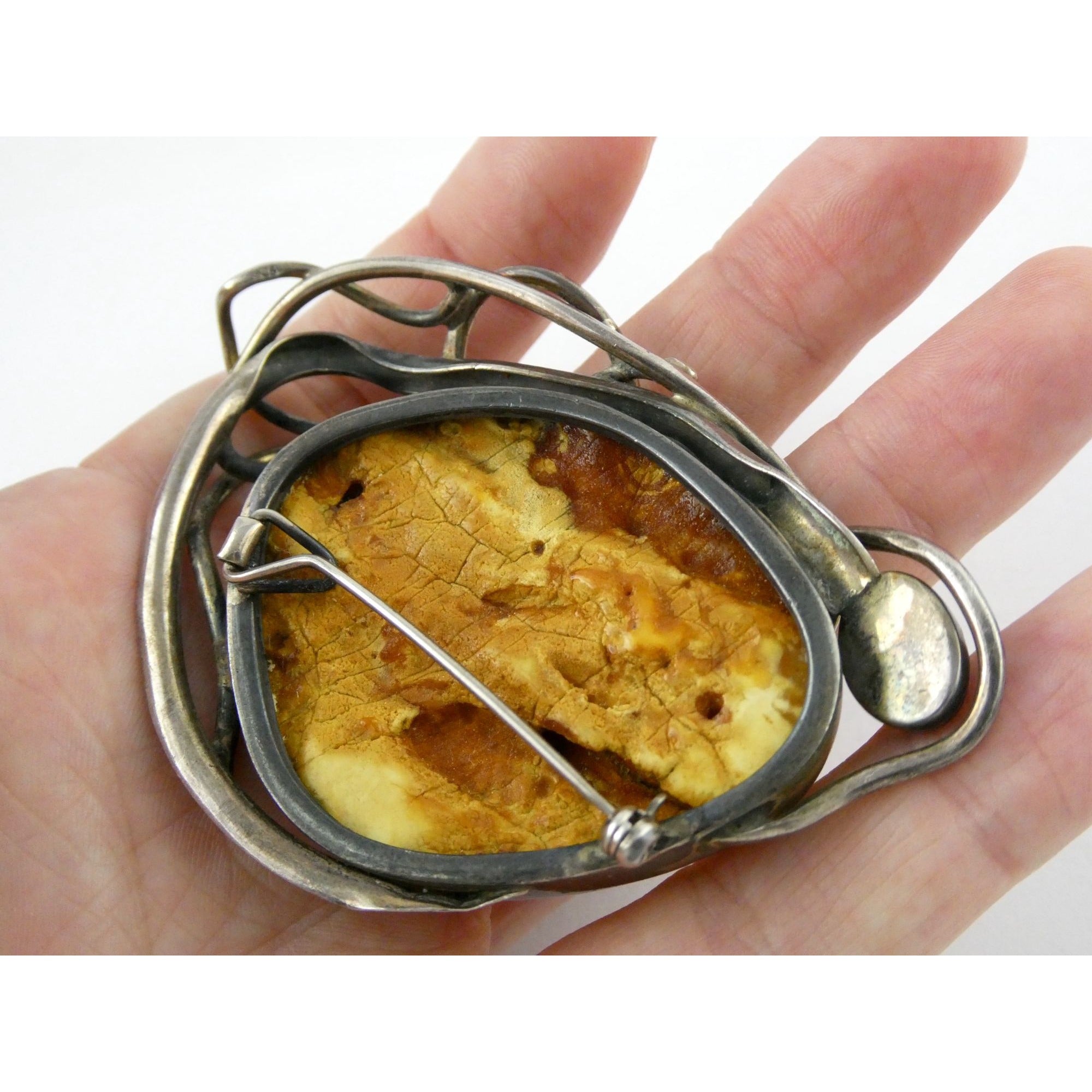 Vintage Polish Sterling Silver Butterscotch Egg Yolk Amber Brooch 42.2g 3 Inches