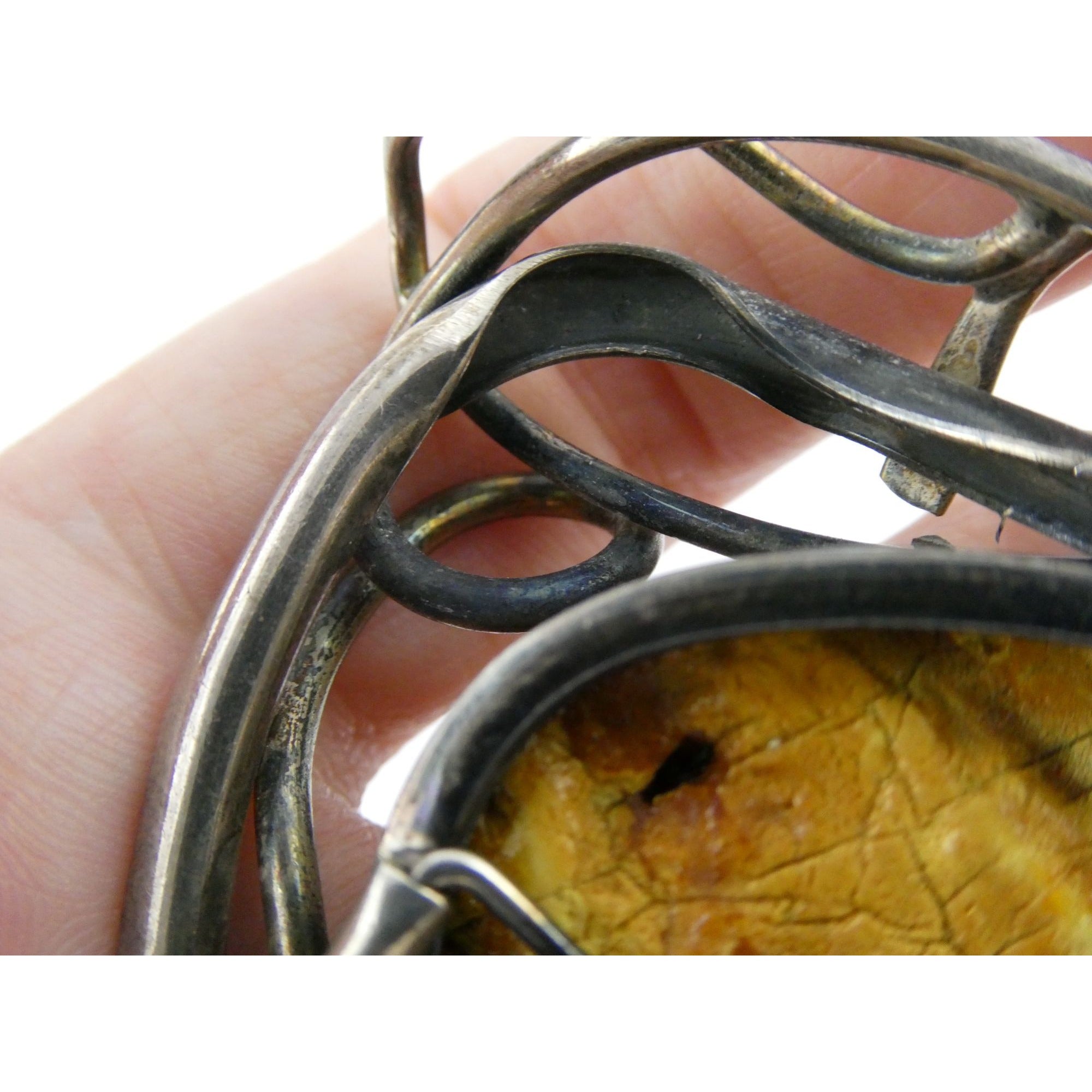 Vintage Polish Sterling Silver Butterscotch Egg Yolk Amber Brooch 42.2g 3 Inches