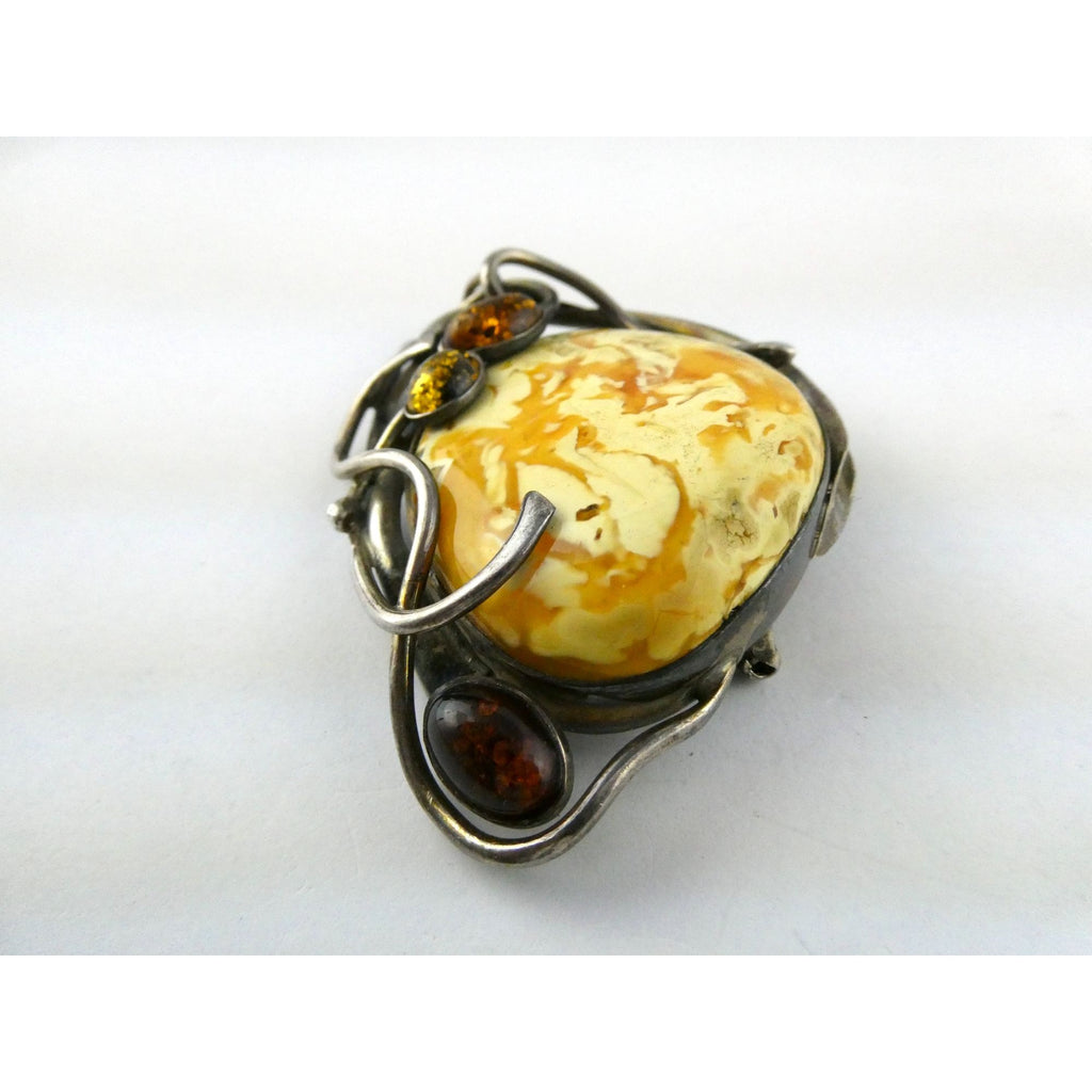 Vintage Polish Sterling Silver Butterscotch Egg Yolk Amber Brooch 42.2g 3 Inches