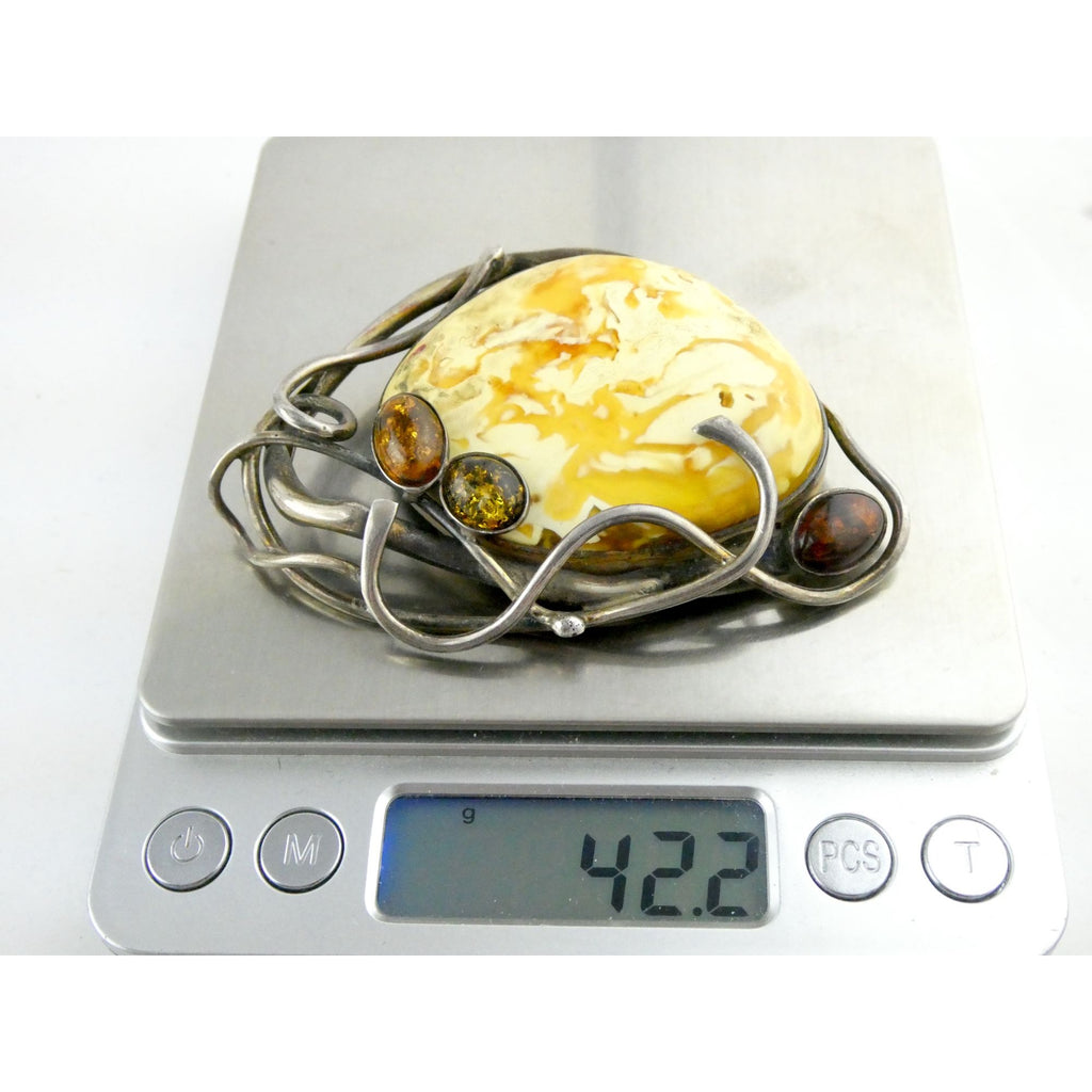 Vintage Polish Sterling Silver Butterscotch Egg Yolk Amber Brooch 42.2g 3 Inches