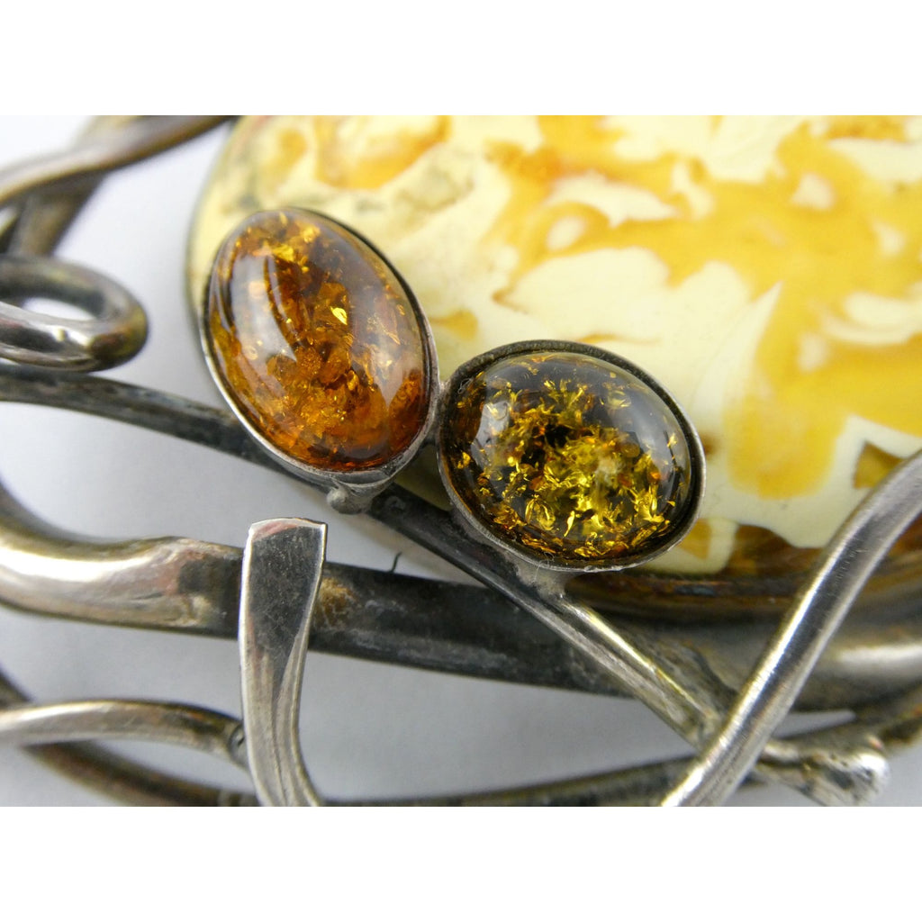 Vintage Polish Sterling Silver Butterscotch Egg Yolk Amber Brooch 42.2g 3 Inches