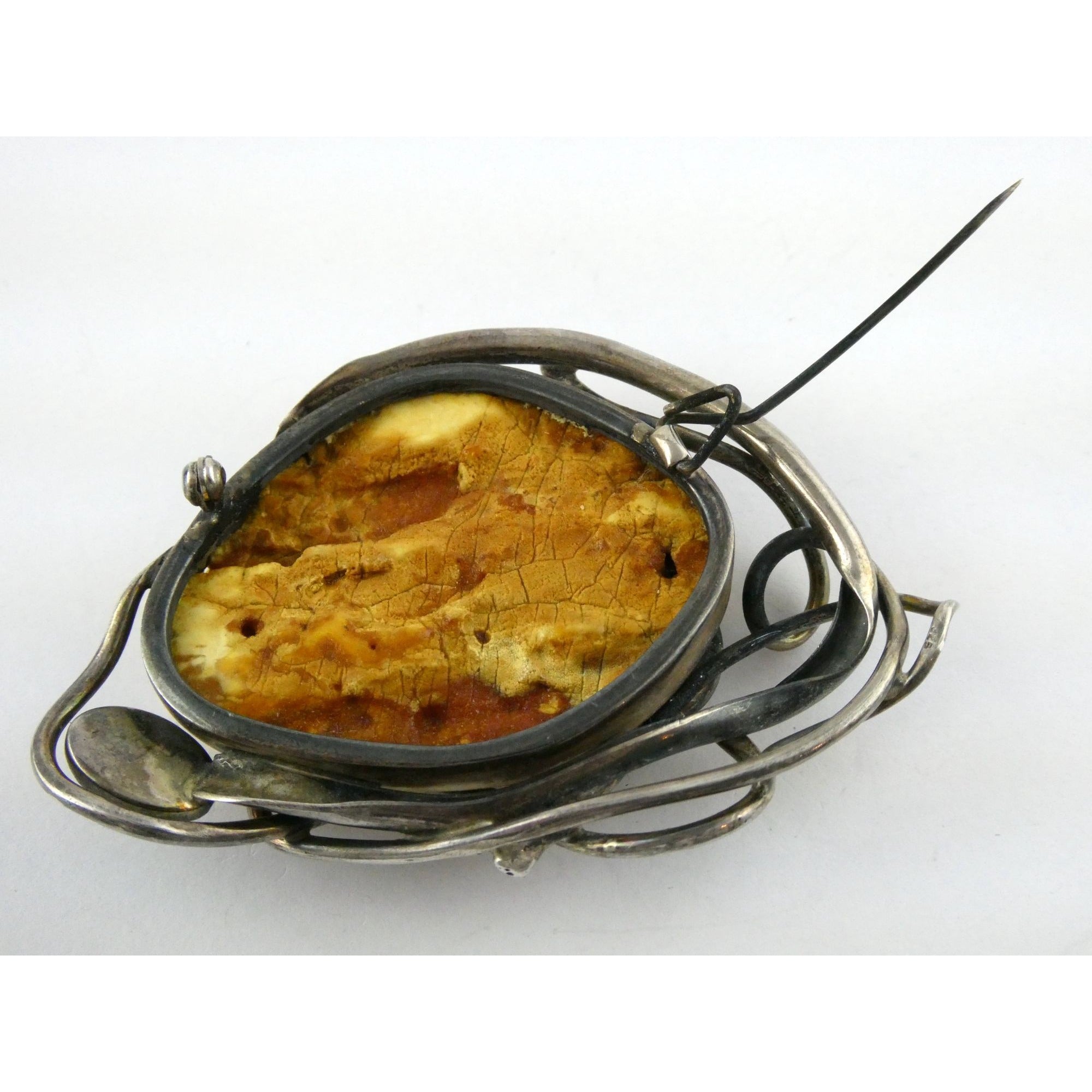 Vintage Polish Sterling Silver Butterscotch Egg Yolk Amber Brooch 42.2g 3 Inches