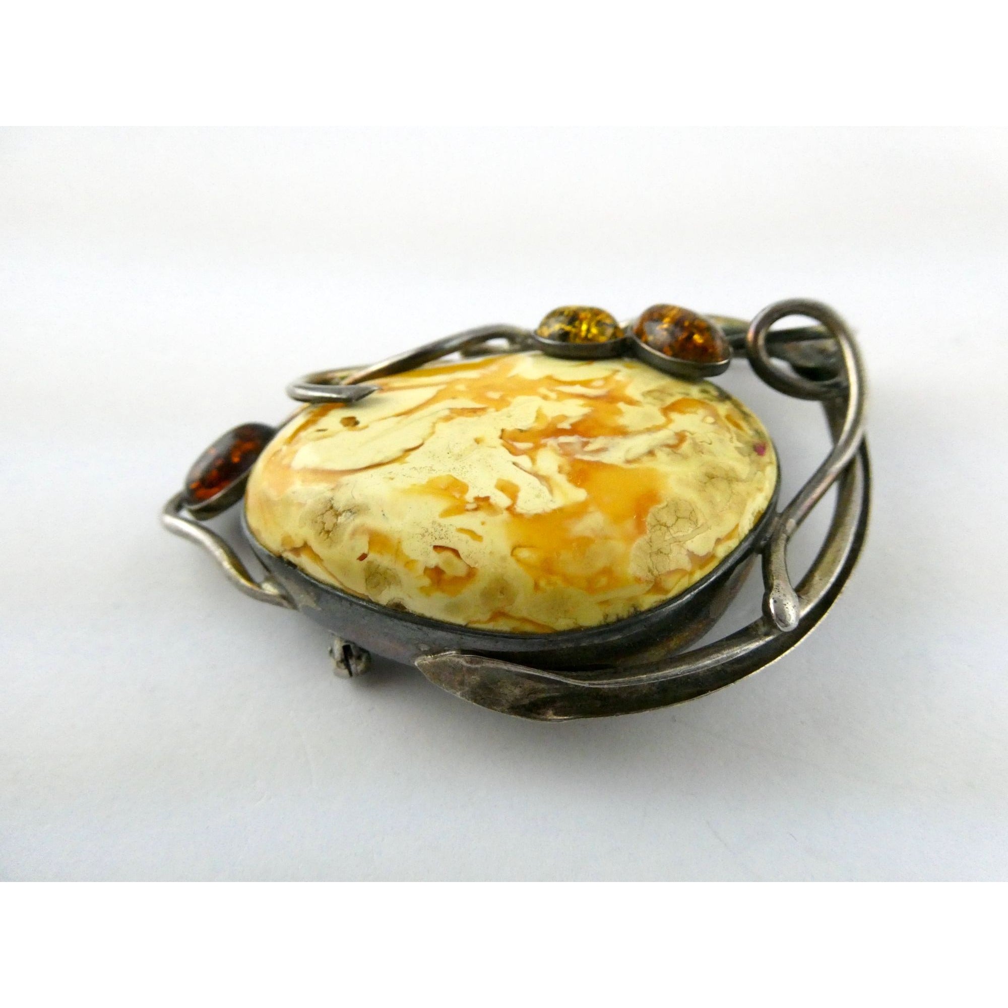 Vintage Polish Sterling Silver Butterscotch Egg Yolk Amber Brooch 42.2g 3 Inches