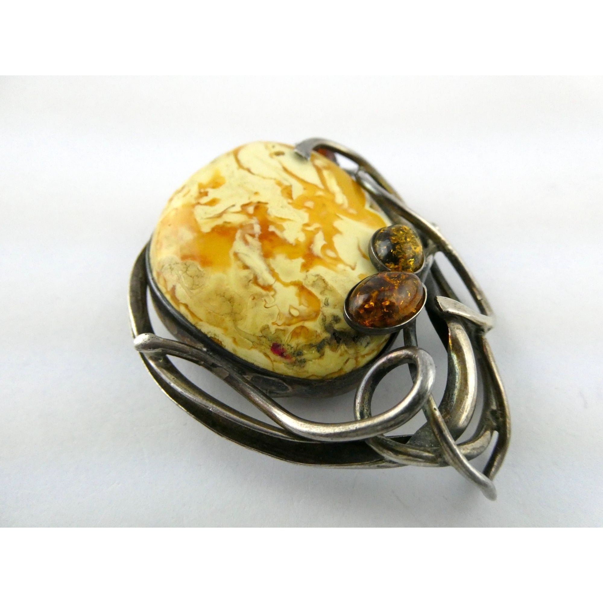 Vintage Polish Sterling Silver Butterscotch Egg Yolk Amber Brooch 42.2g 3 Inches
