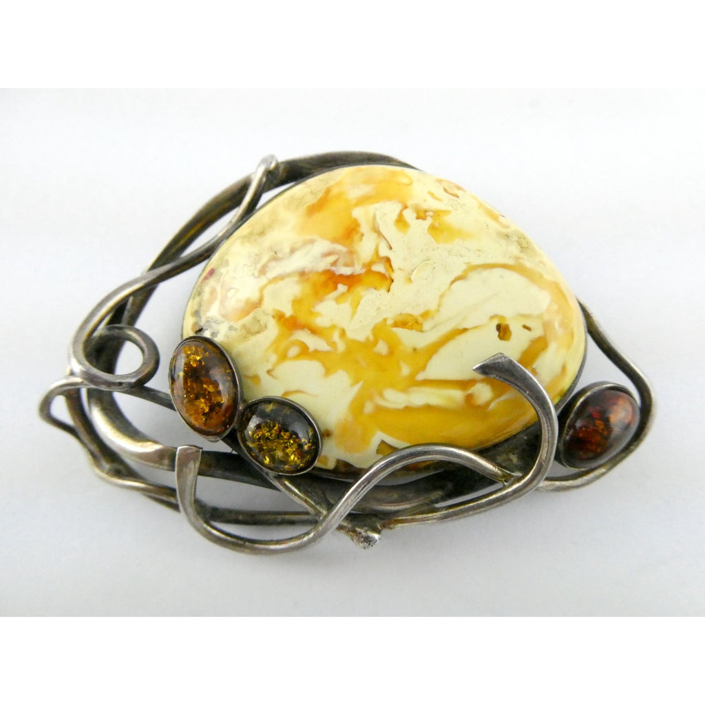 Vintage Polish Sterling Silver Butterscotch Egg Yolk Amber Brooch 42.2g 3 Inches