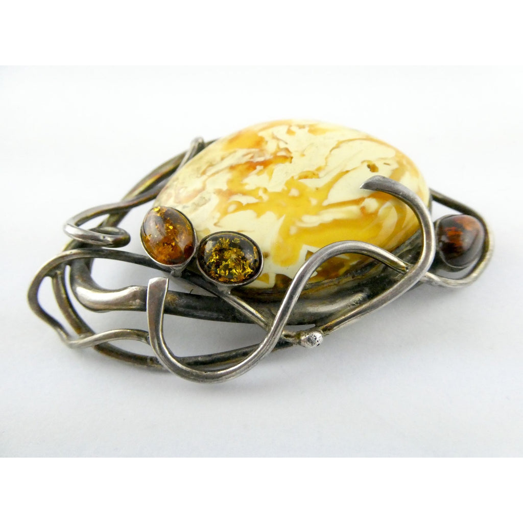 Vintage Polish Sterling Silver Butterscotch Egg Yolk Amber Brooch 42.2g 3 Inches