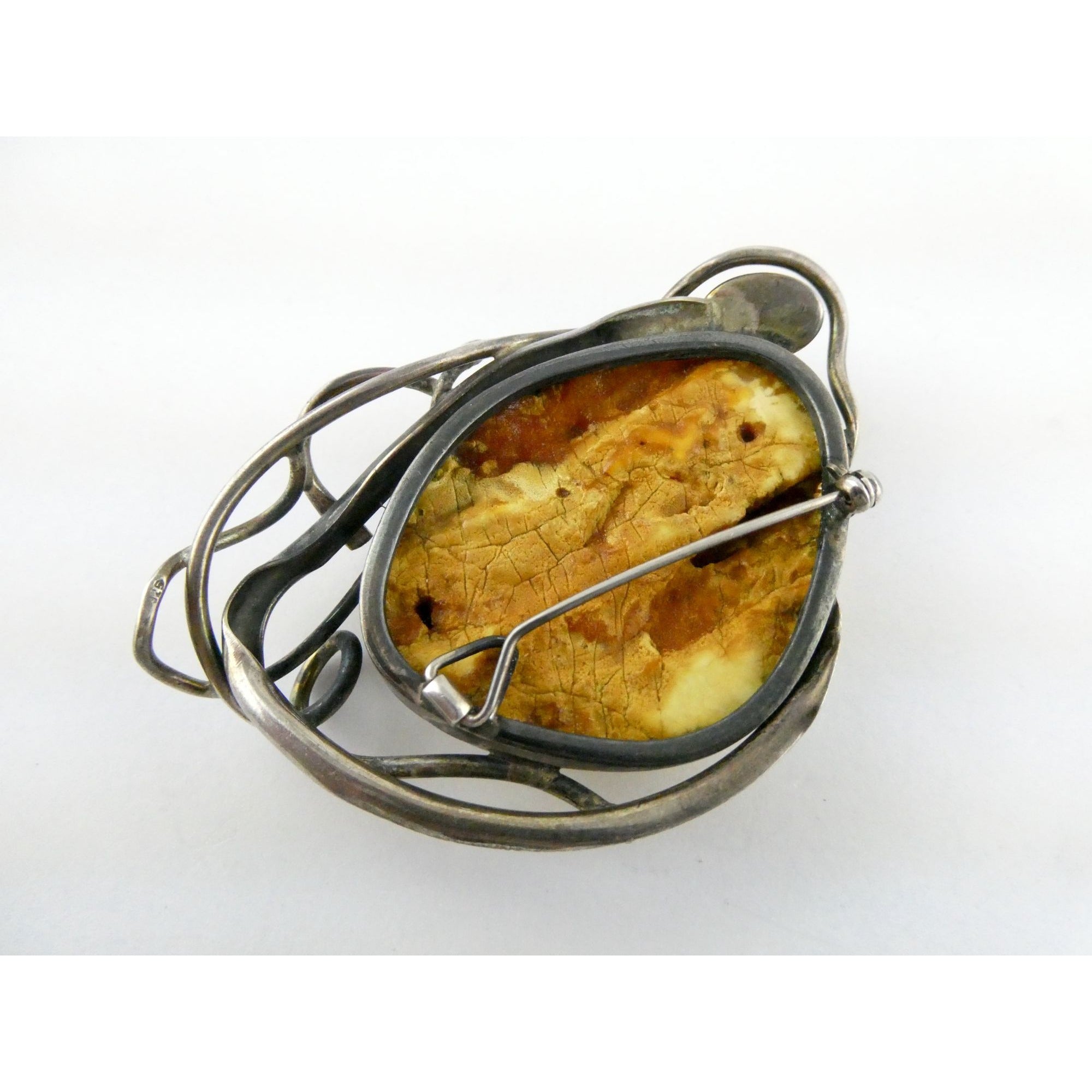 Vintage Polish Sterling Silver Butterscotch Egg Yolk Amber Brooch 42.2g 3 Inches