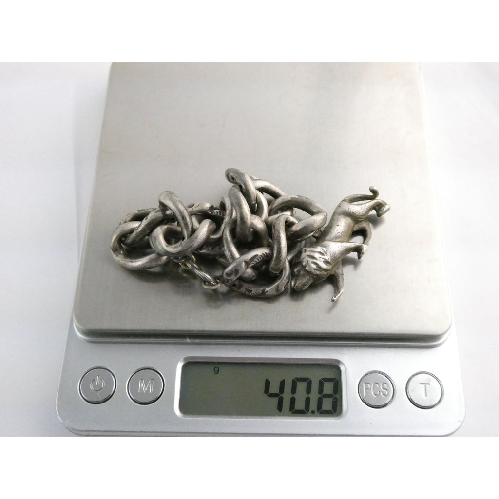 Antique Sterling Silver Figural Lion Charm on Chased Chain Link Bracelet 6.5 In