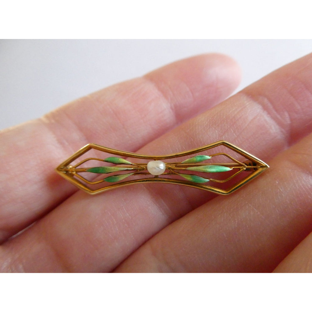 Antique 14k Yellow Gold Green Enameled Leaves and Seed Pearl Bar Pin Brooch 2.5g