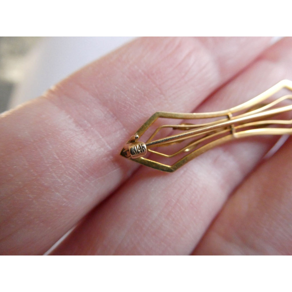 Antique 14k Yellow Gold Green Enameled Leaves and Seed Pearl Bar Pin Brooch 2.5g