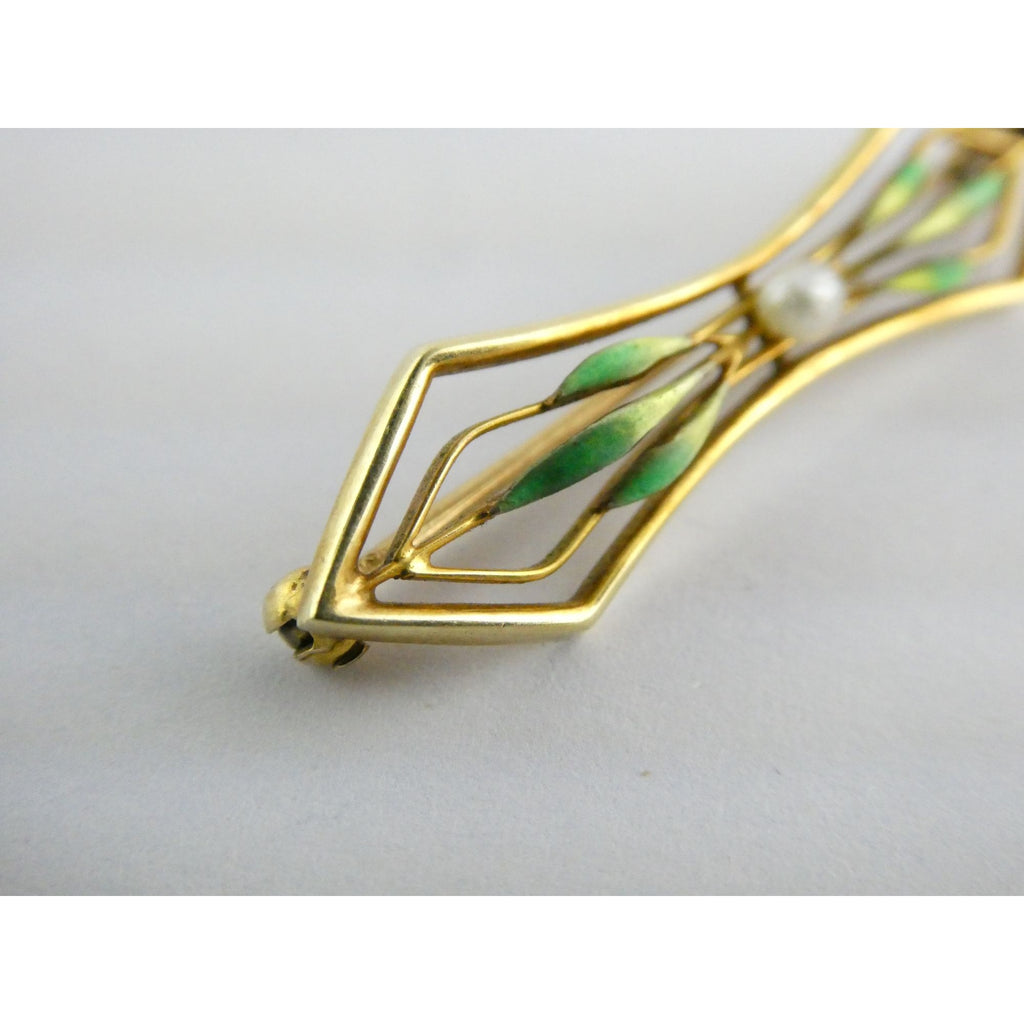 Antique 14k Yellow Gold Green Enameled Leaves and Seed Pearl Bar Pin Brooch 2.5g