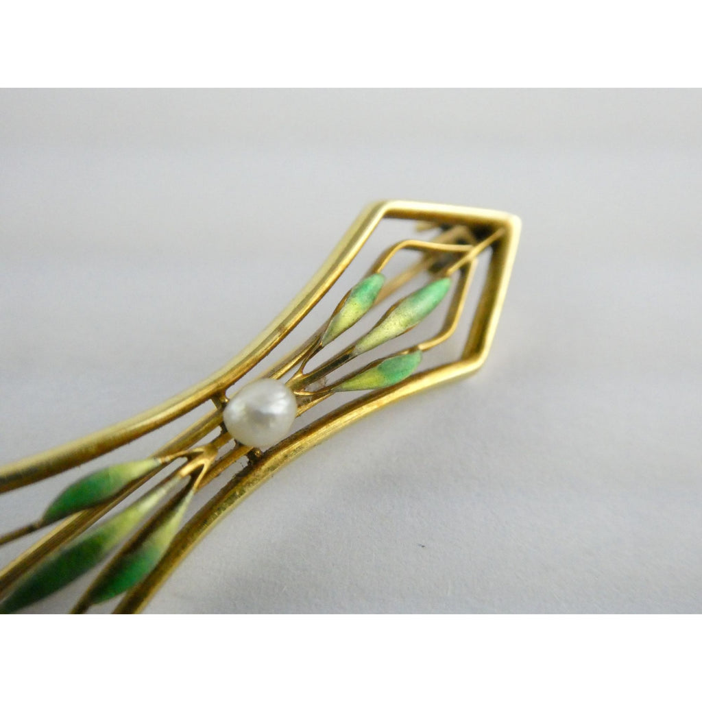Antique 14k Yellow Gold Green Enameled Leaves and Seed Pearl Bar Pin Brooch 2.5g