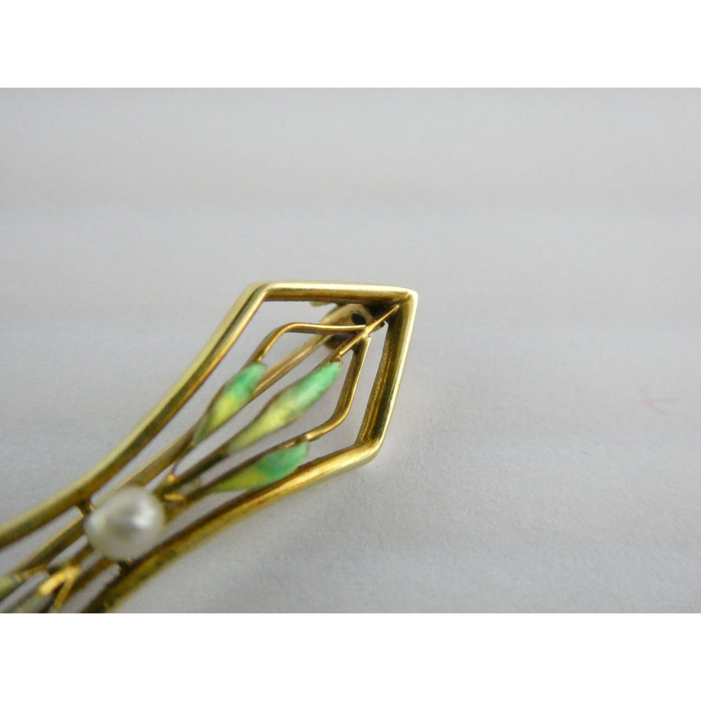 Antique 14k Yellow Gold Green Enameled Leaves and Seed Pearl Bar Pin Brooch 2.5g
