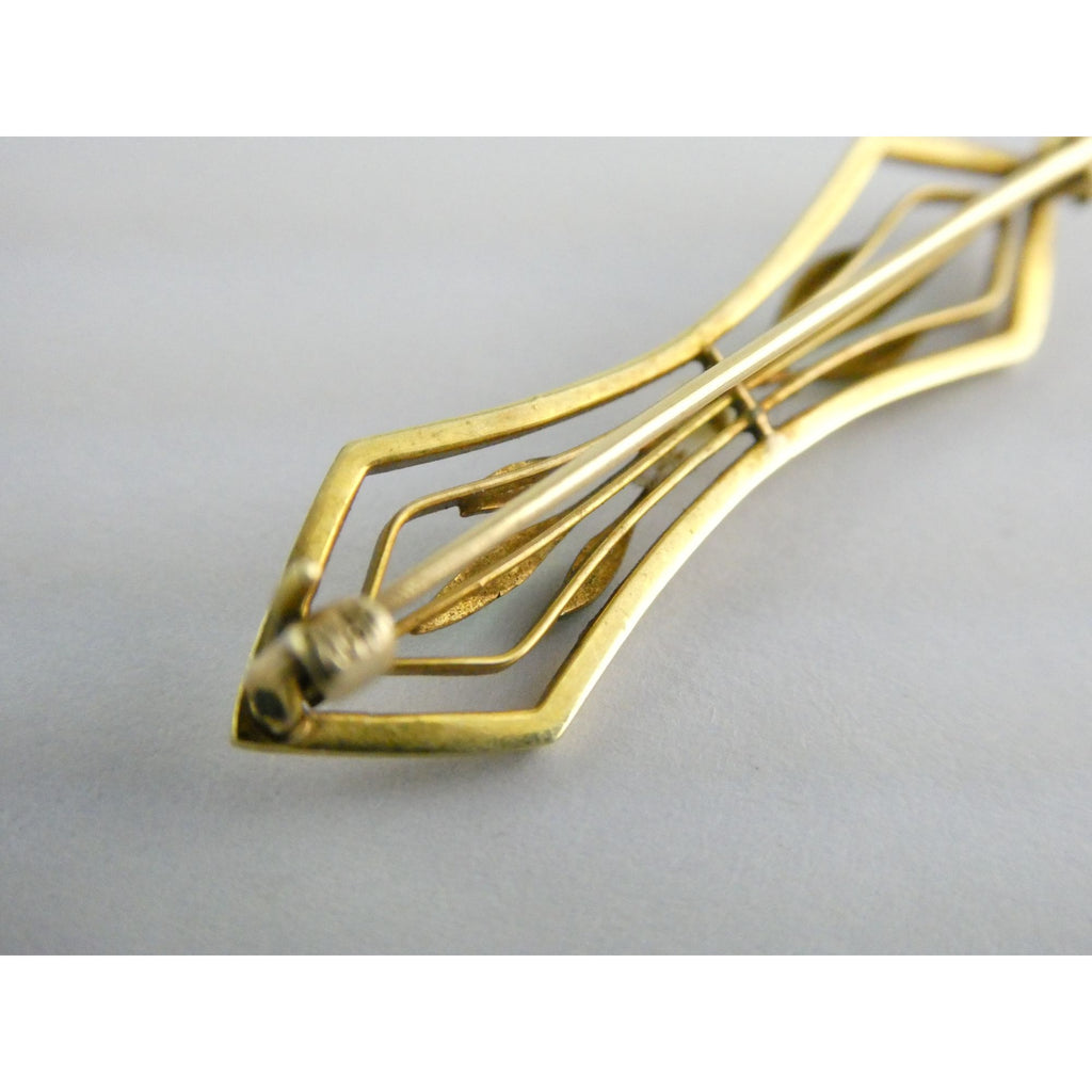 Antique 14k Yellow Gold Green Enameled Leaves and Seed Pearl Bar Pin Brooch 2.5g