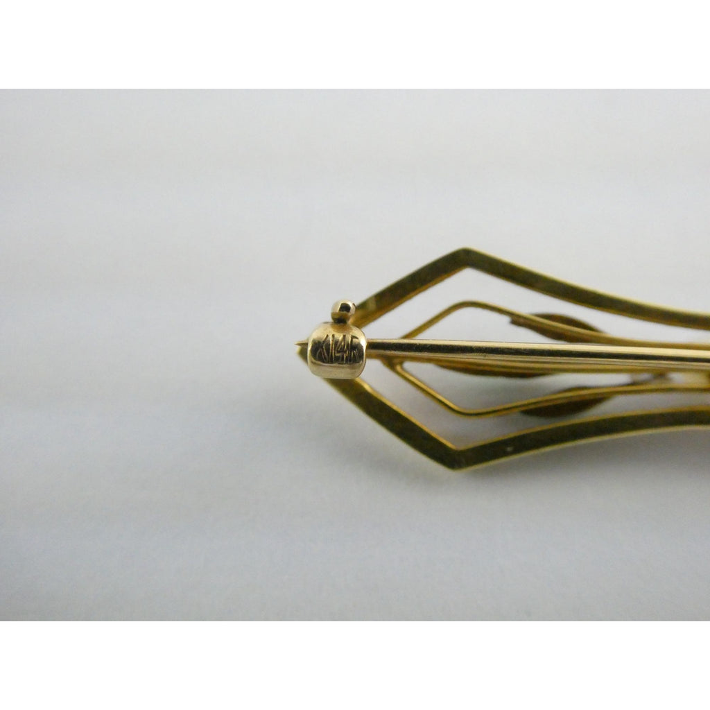 Antique 14k Yellow Gold Green Enameled Leaves and Seed Pearl Bar Pin Brooch 2.5g