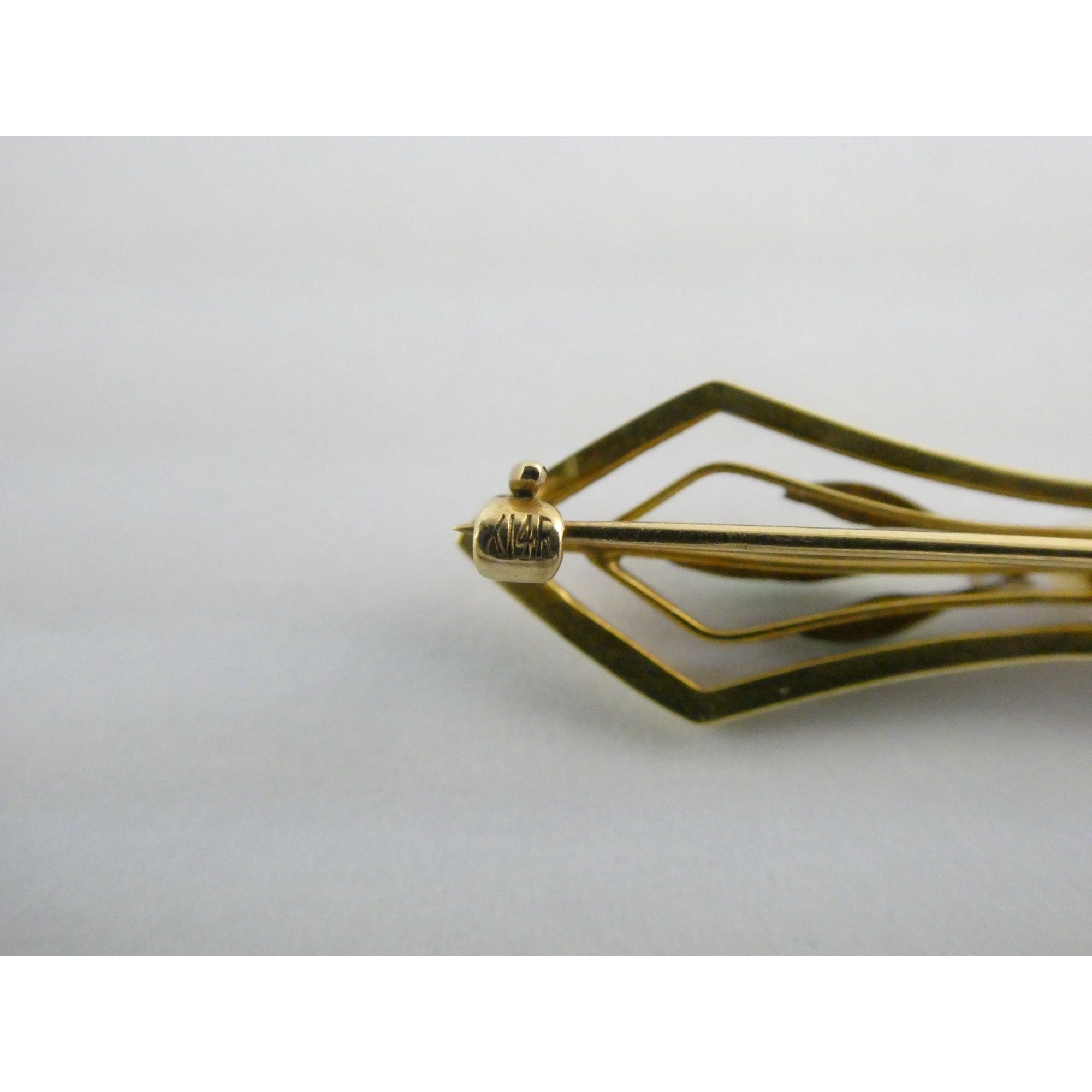Antique 14k Yellow Gold Green Enameled Leaves and Seed Pearl Bar Pin Brooch 2.5g