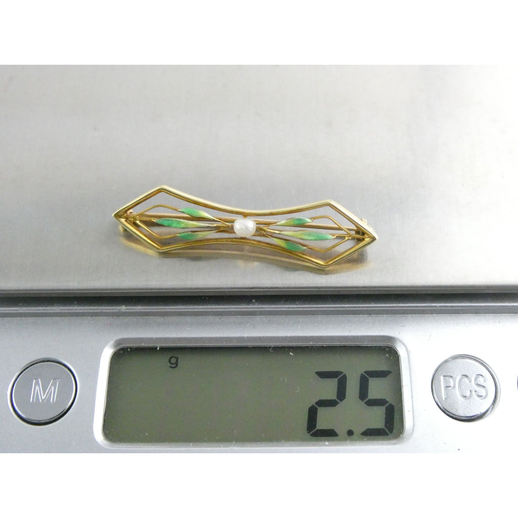 Antique 14k Yellow Gold Green Enameled Leaves and Seed Pearl Bar Pin Brooch 2.5g