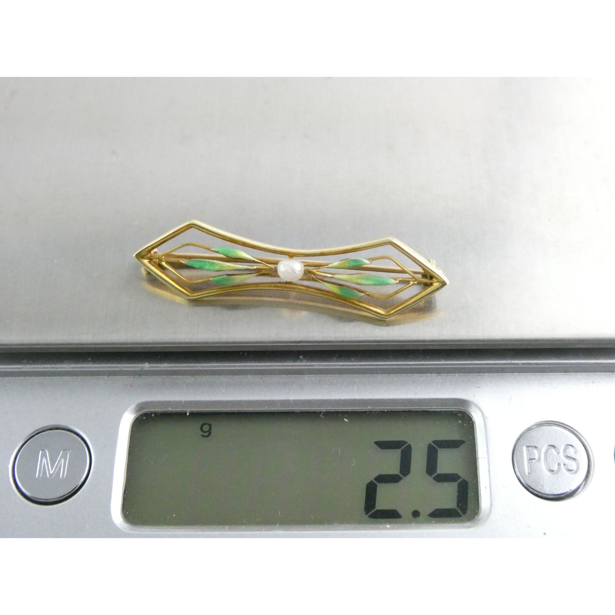 Antique 14k Yellow Gold Green Enameled Leaves and Seed Pearl Bar Pin Brooch 2.5g