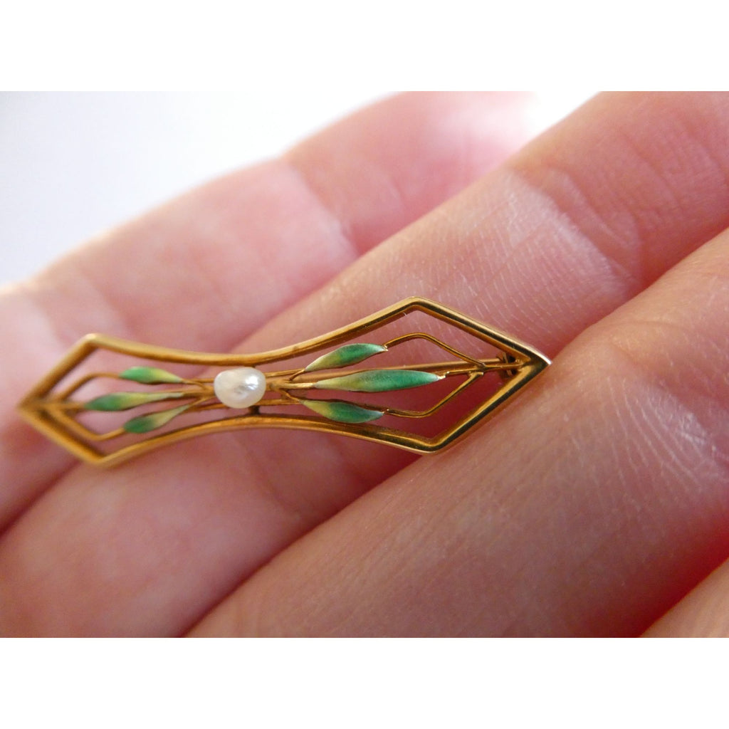 Antique 14k Yellow Gold Green Enameled Leaves and Seed Pearl Bar Pin Brooch 2.5g