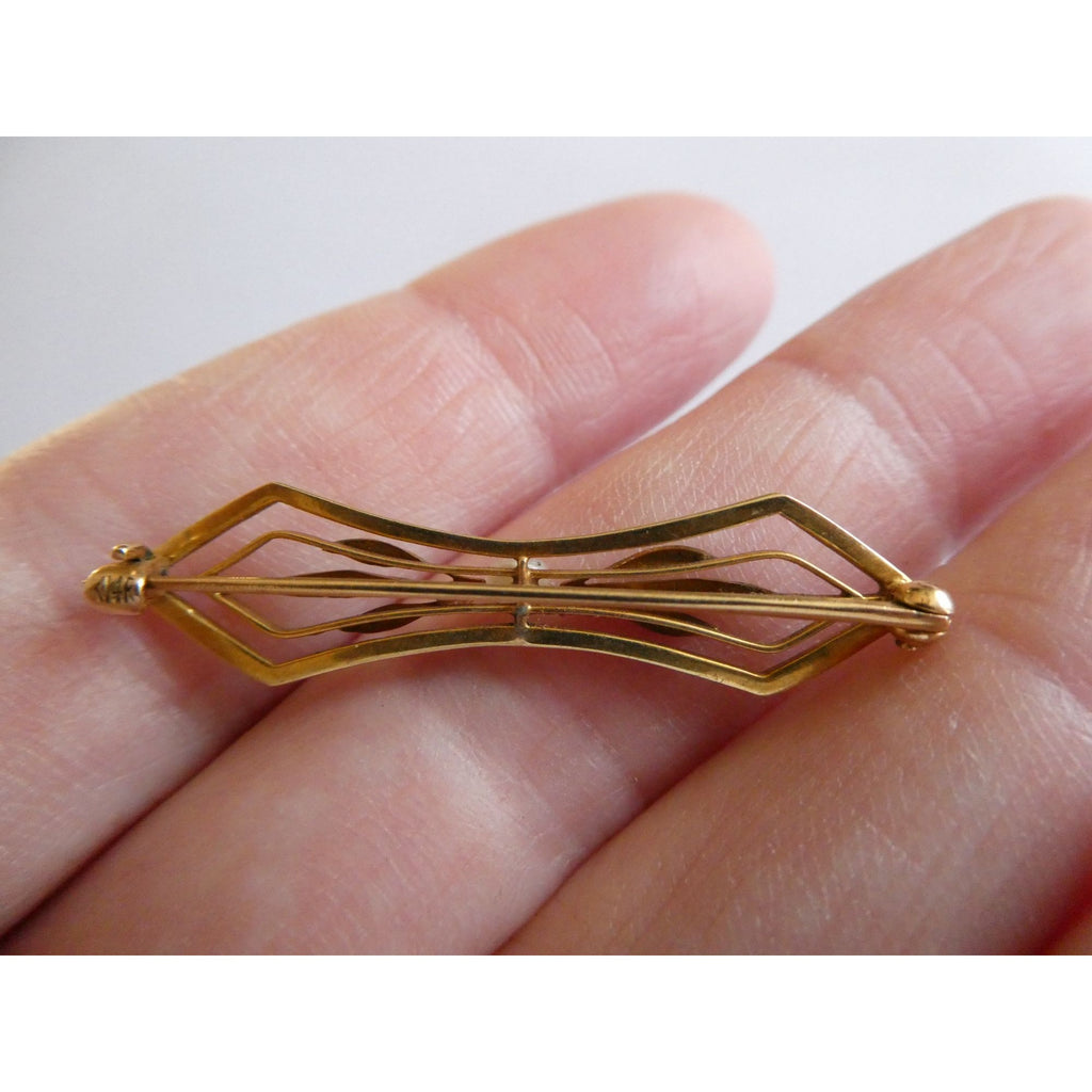 Antique 14k Yellow Gold Green Enameled Leaves and Seed Pearl Bar Pin Brooch 2.5g