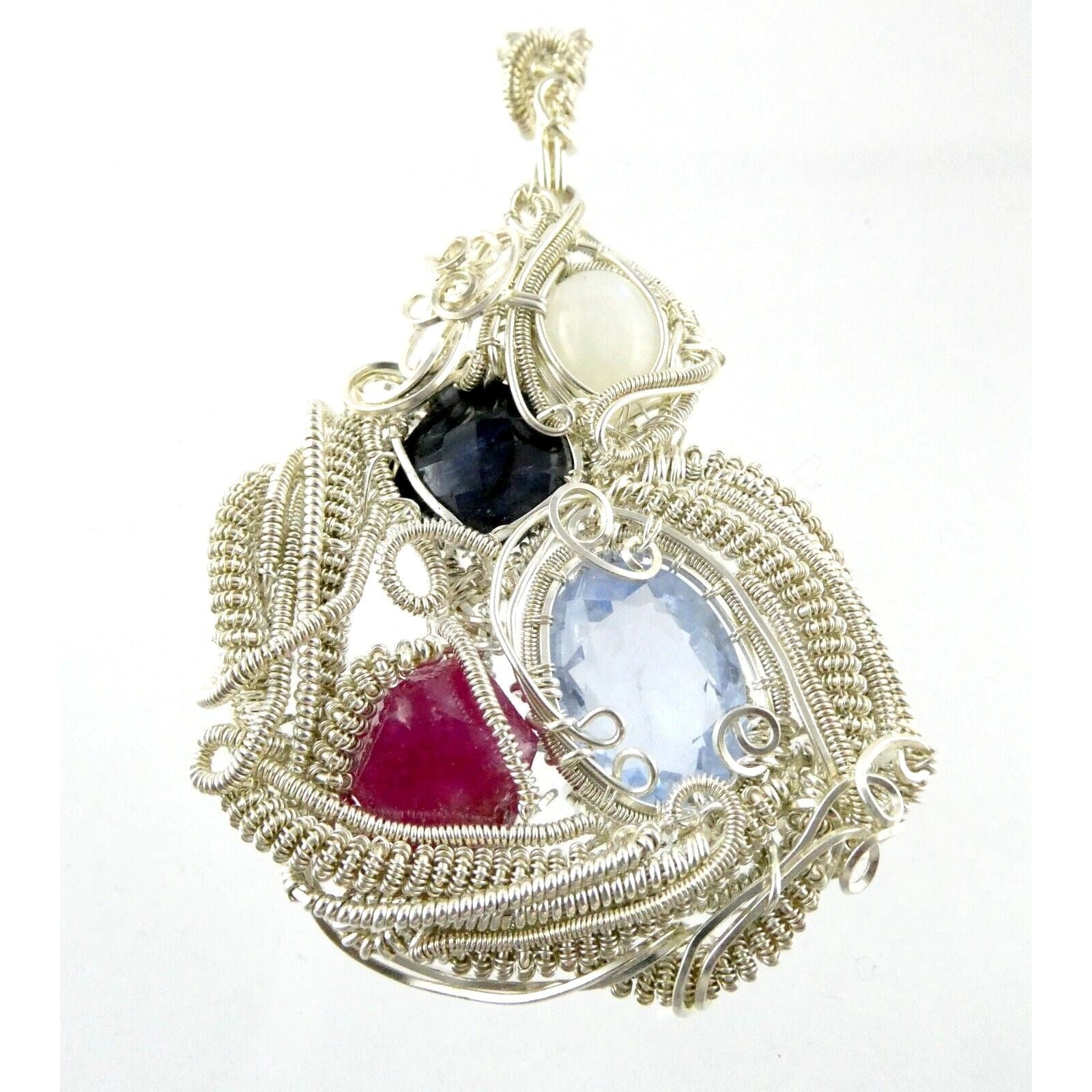 Artisan Fine Silver Wire Wrapped Topaz Ruby Sapphire and Moonstone Pendant 999
