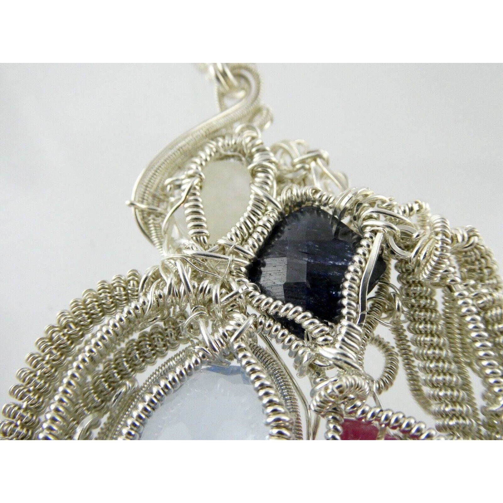 Artisan Fine Silver Wire Wrapped Topaz Ruby Sapphire and Moonstone Pendant 999
