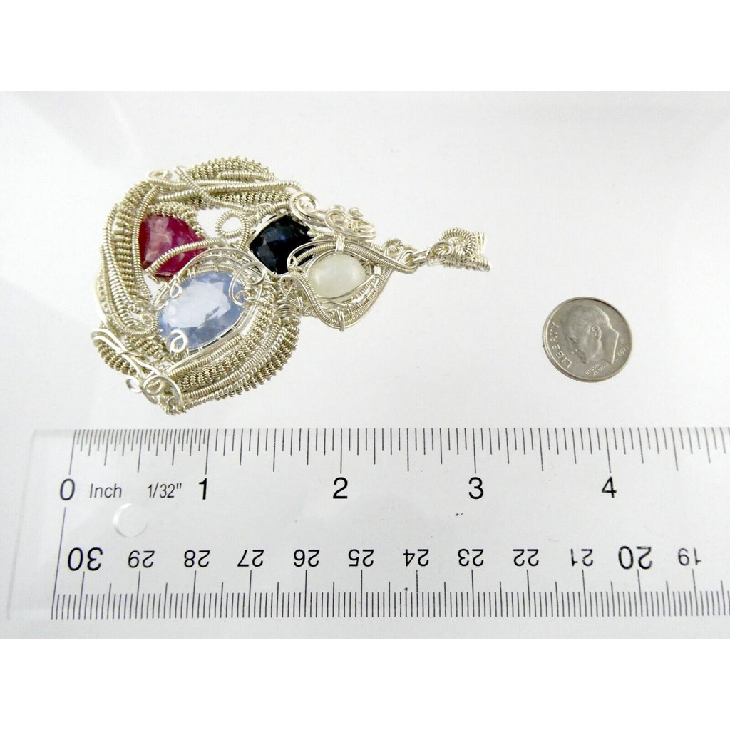 Artisan Fine Silver Wire Wrapped Topaz Ruby Sapphire and Moonstone Pendant 999