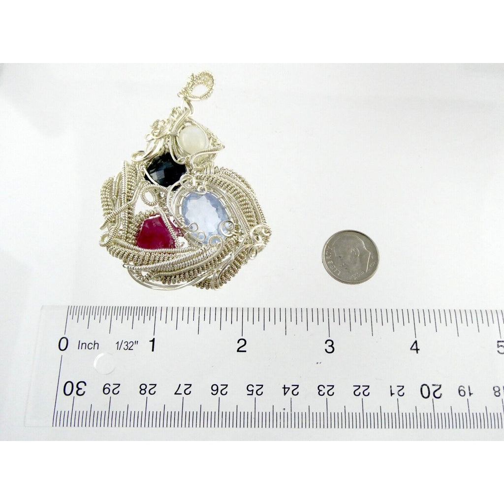 Artisan Fine Silver Wire Wrapped Topaz Ruby Sapphire and Moonstone Pendant 999