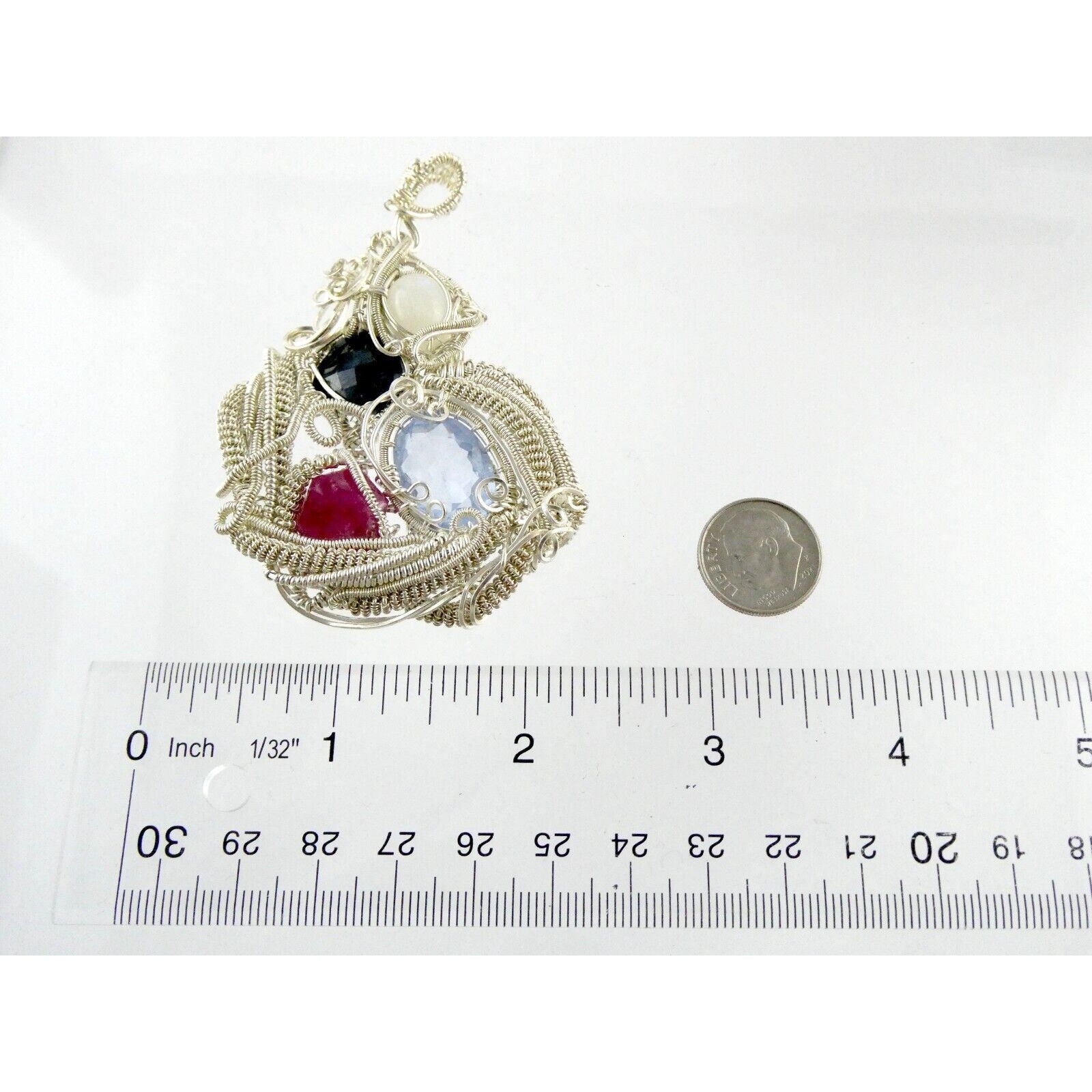 Artisan Fine Silver Wire Wrapped Topaz Ruby Sapphire and Moonstone Pendant 999