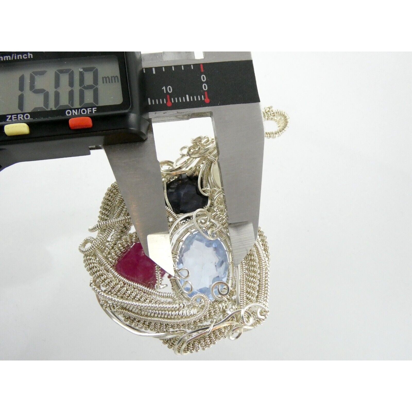 Artisan Fine Silver Wire Wrapped Topaz Ruby Sapphire and Moonstone Pendant 999
