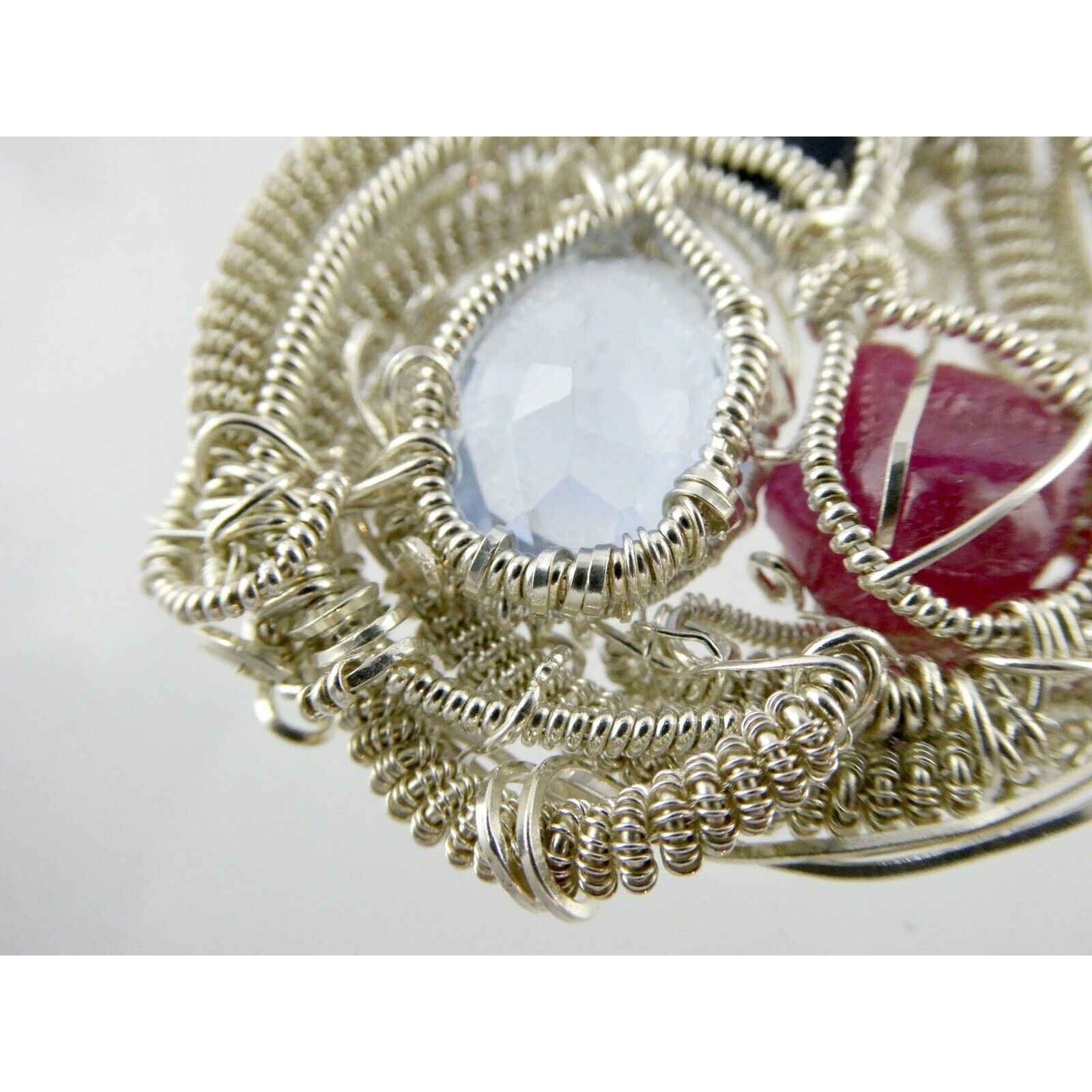 Artisan Fine Silver Wire Wrapped Topaz Ruby Sapphire and Moonstone Pendant 999