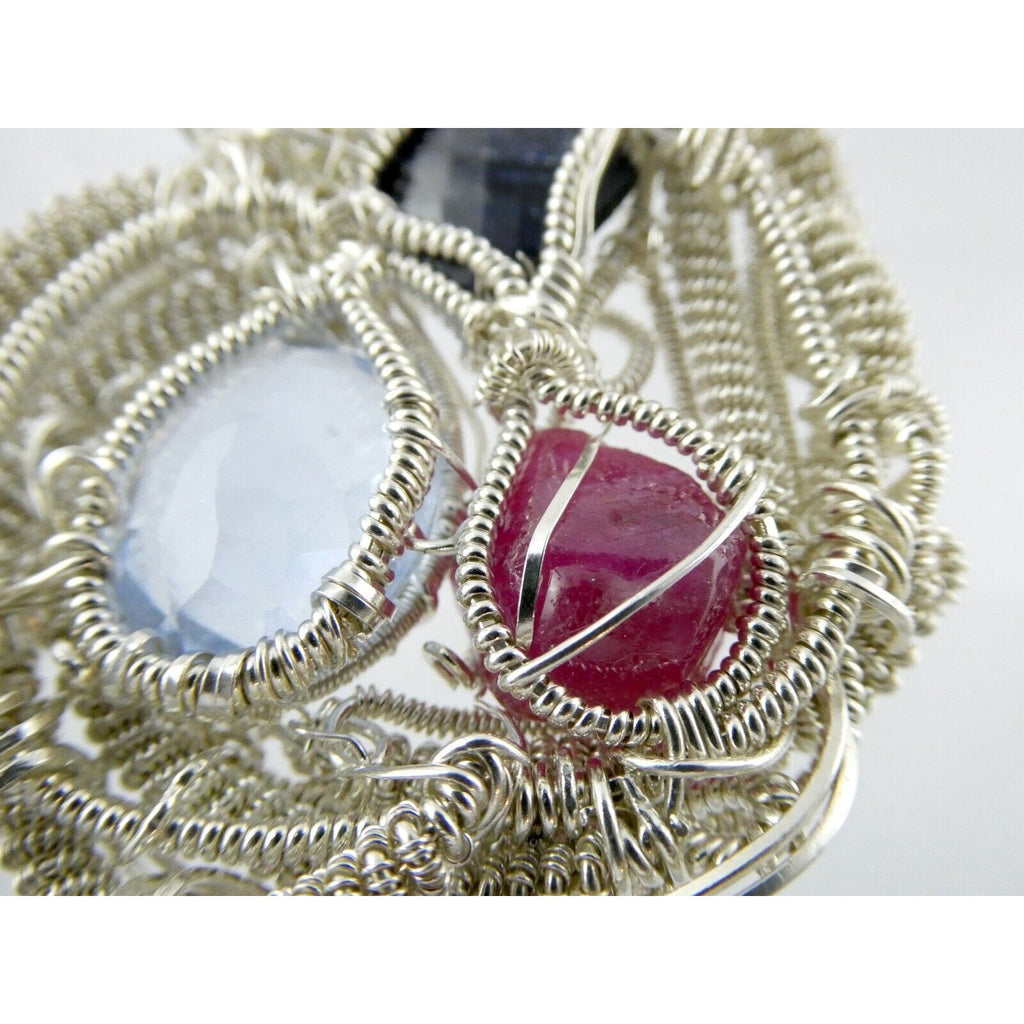 Artisan Fine Silver Wire Wrapped Topaz Ruby Sapphire and Moonstone Pendant 999
