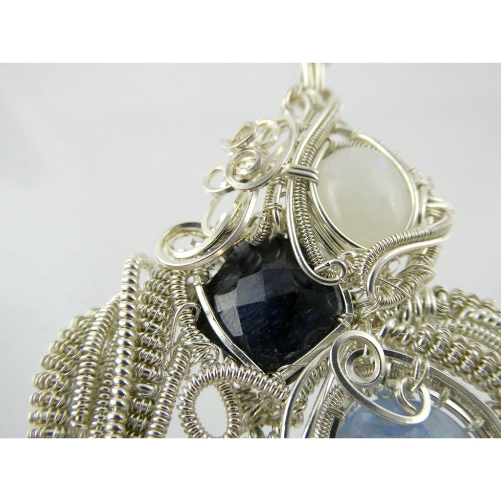 Artisan Fine Silver Wire Wrapped Topaz Ruby Sapphire and Moonstone Pendant 999