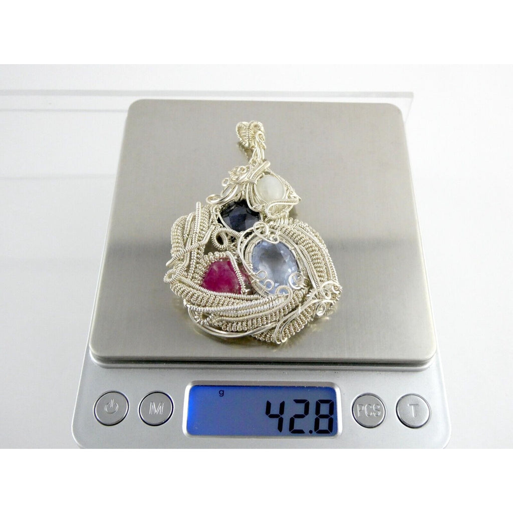 Artisan Fine Silver Wire Wrapped Topaz Ruby Sapphire and Moonstone Pendant 999