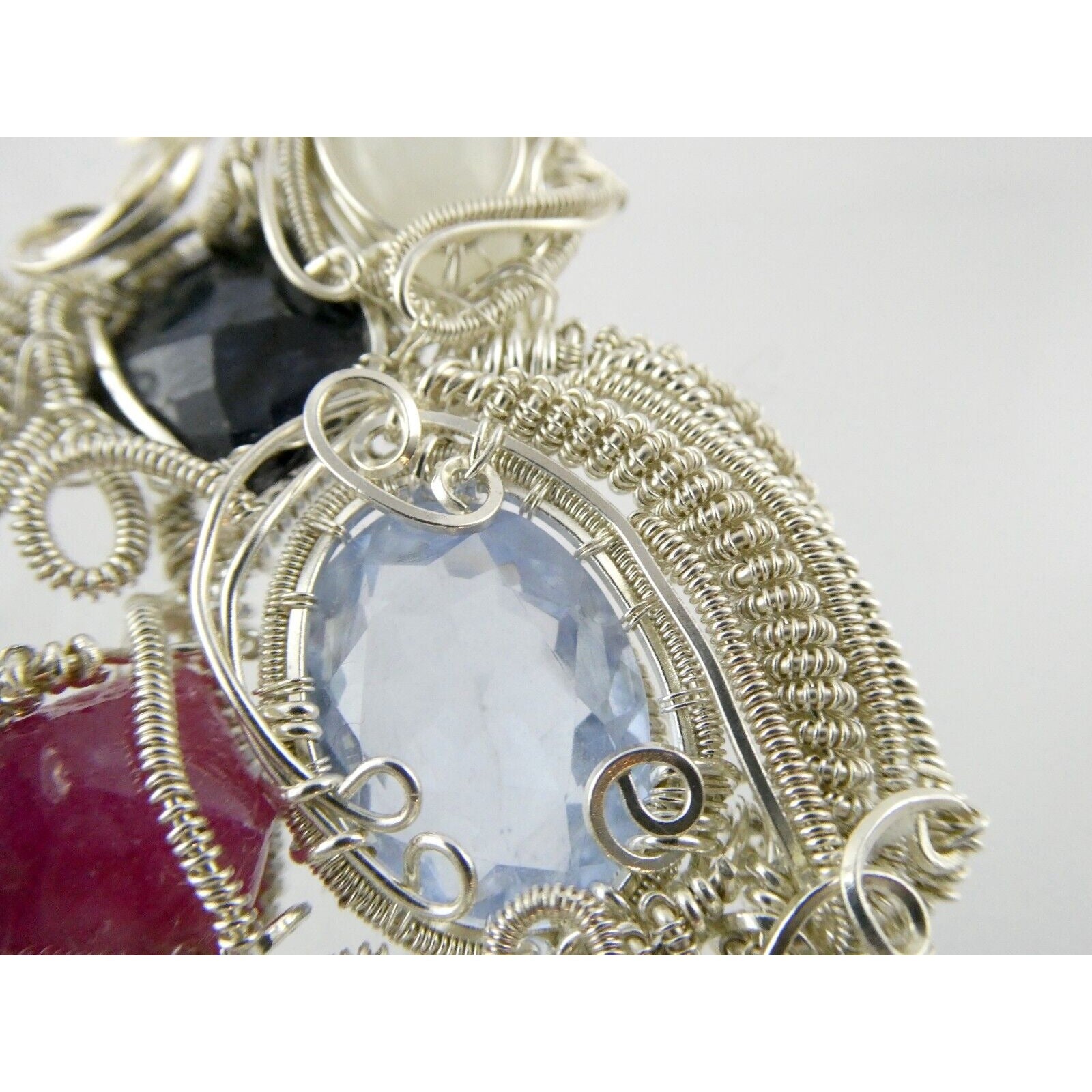 Artisan Fine Silver Wire Wrapped Topaz Ruby Sapphire and Moonstone Pendant 999