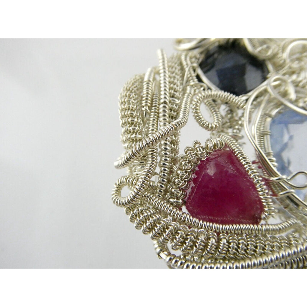 Artisan Fine Silver Wire Wrapped Topaz Ruby Sapphire and Moonstone Pendant 999