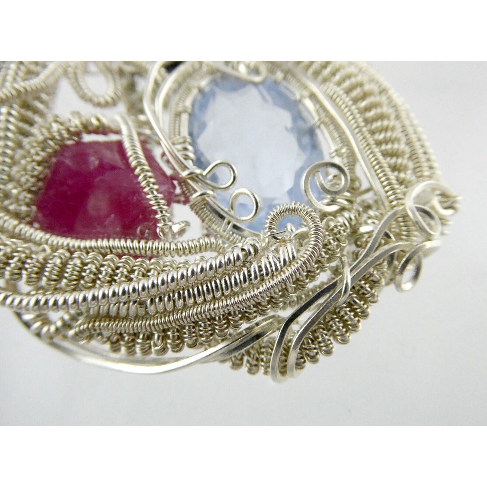 Artisan Fine Silver Wire Wrapped Topaz Ruby Sapphire and Moonstone Pendant 999