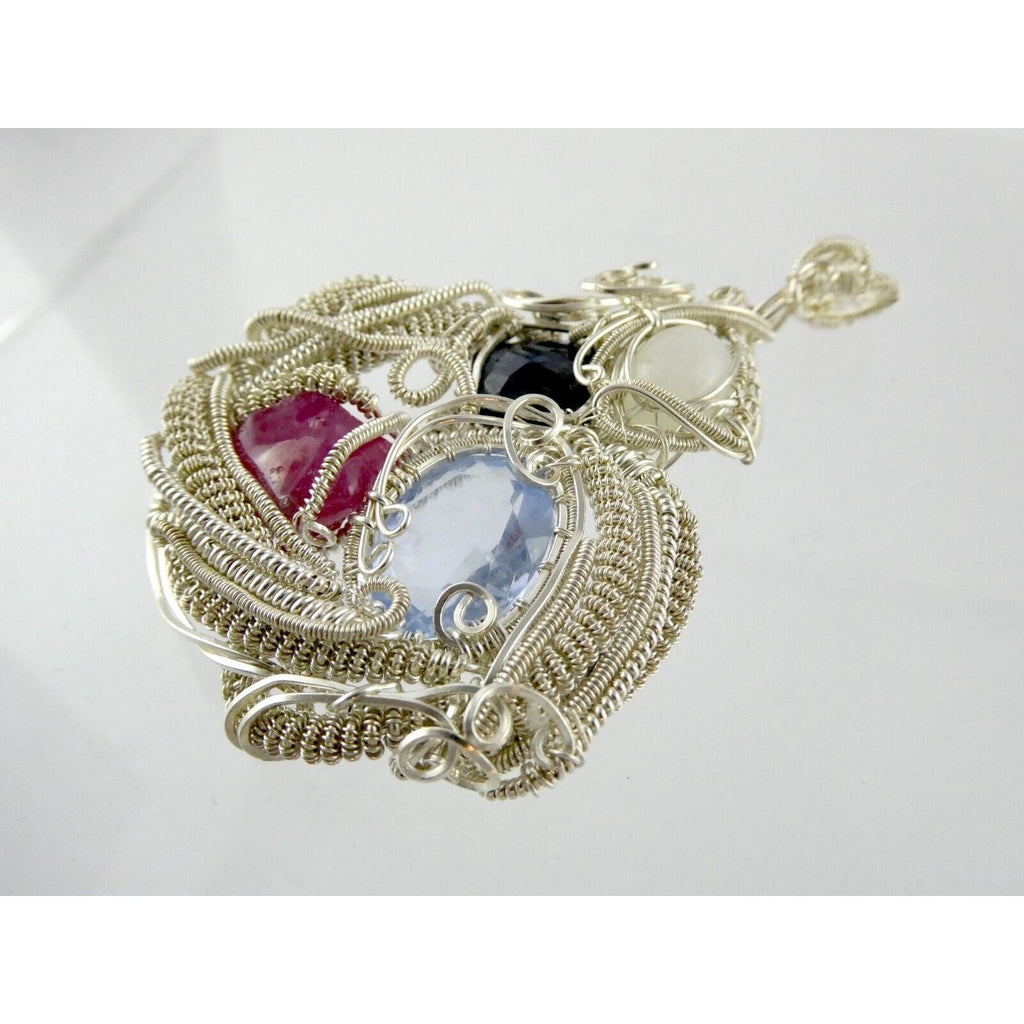 Artisan Fine Silver Wire Wrapped Topaz Ruby Sapphire and Moonstone Pendant 999